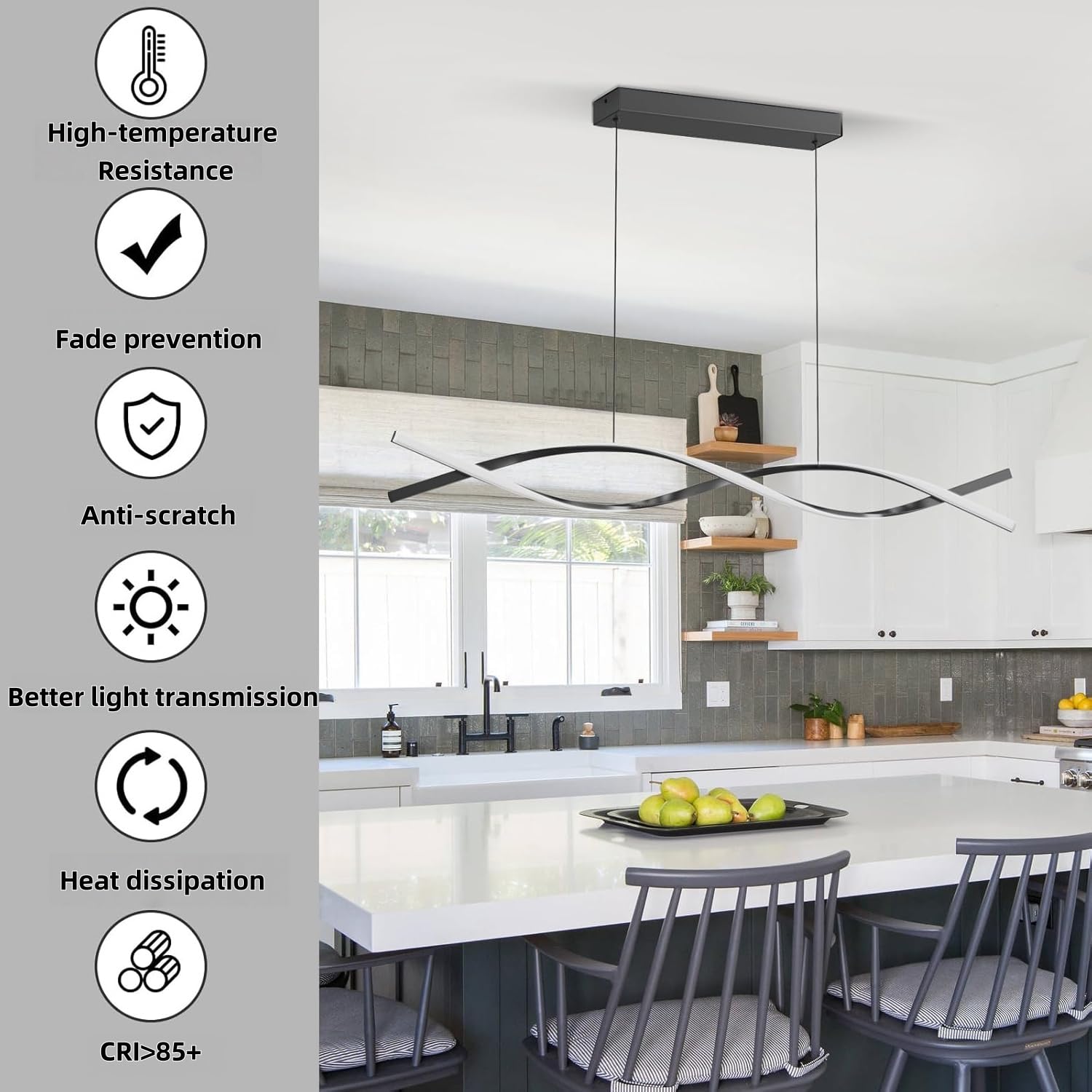 Zihoi 47in Modern Kitchen Island Pendant Light, Dimmable LED Chandelier, Black Metal, Model LX