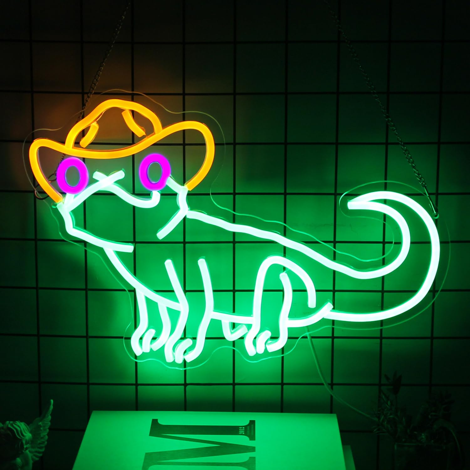 CKTBLEY Neon Sign - Cowboy Green Iguana LED Wall Decor, 16.7x11.2 inches, Glass, Green Yellow Purple, Model CC-Lizard