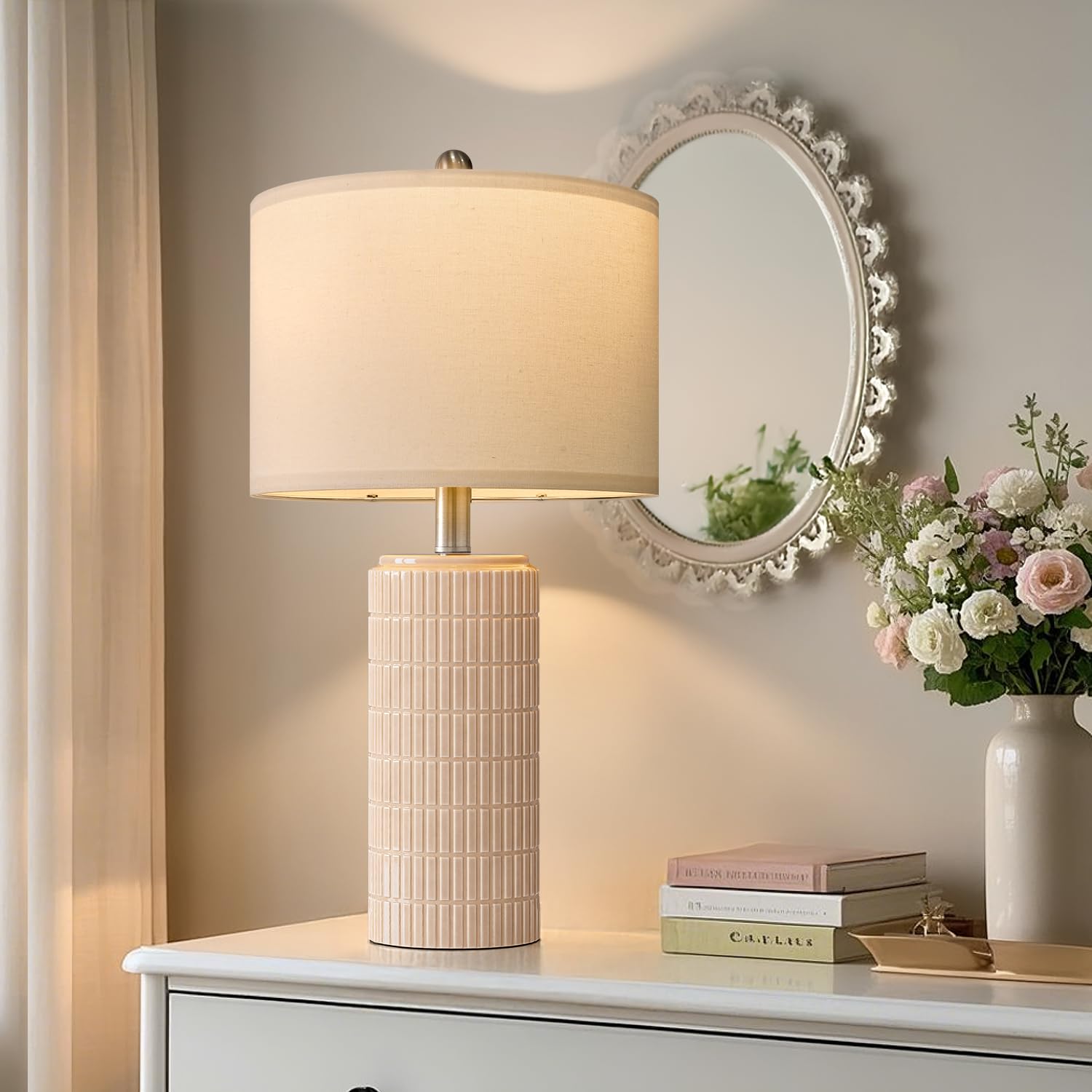 PoKat 23" Pink Ceramic Table Lamps Set of 2, Modern Bedroom & Living Room Decor, Medium Size, Cute Nightstand Lamps