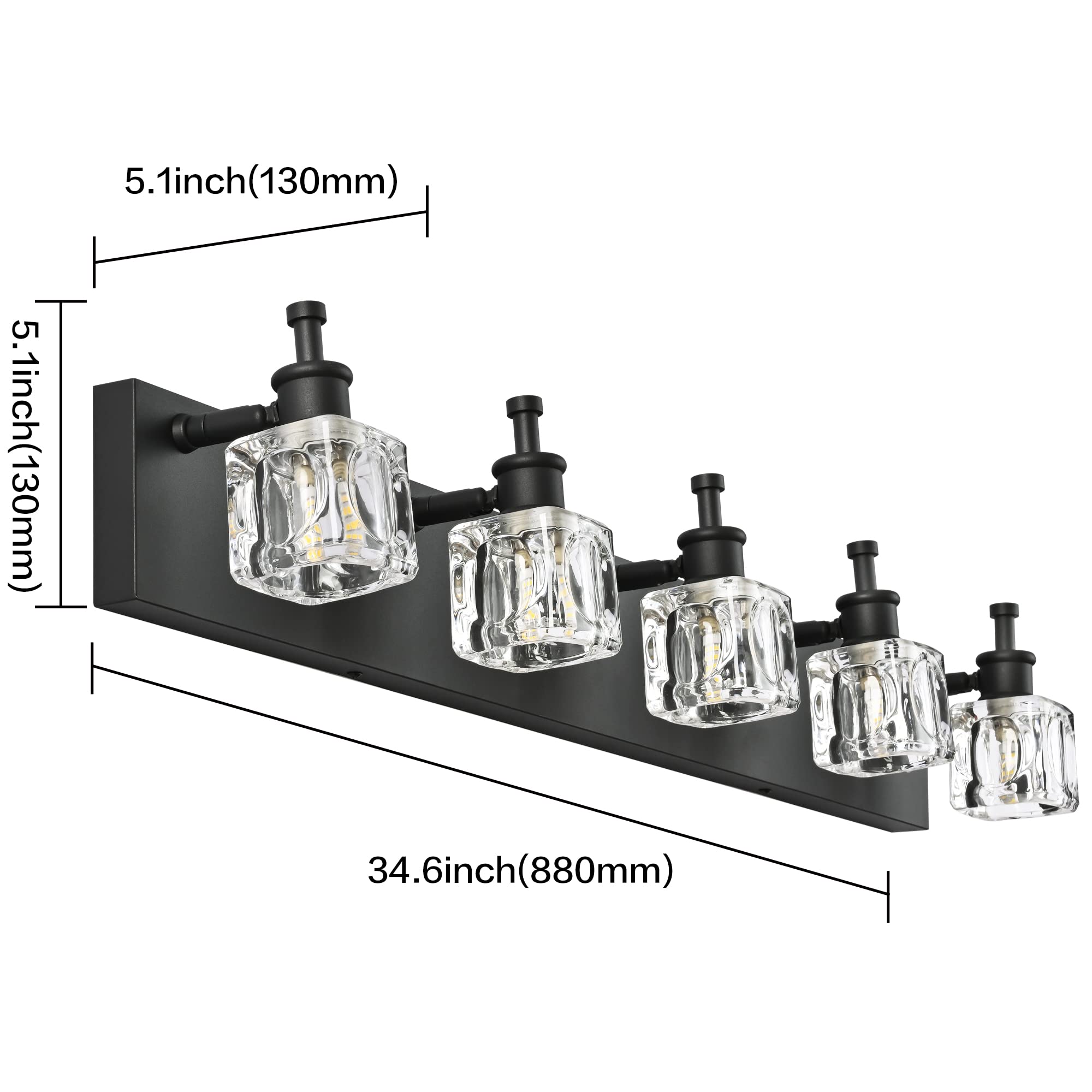 PRESDE Black Crystal Bathroom Vanity Light Fixture, 5-Lights, Metal Matt Black, Model HU-XI-201