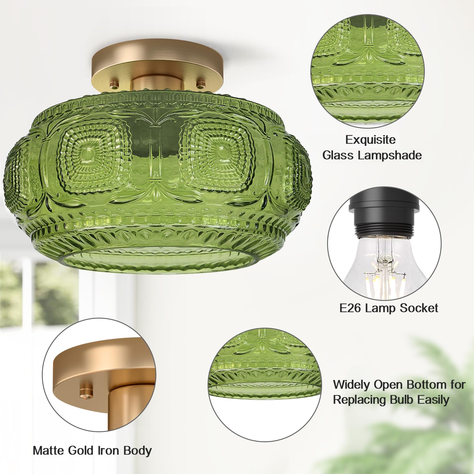 OYKYOHEI Semi Flush Mount Ceiling Light, Green Glass, 11.03 inch, Model 3022C, Vintage Design for Hallway, Kitchen, Bedroom, Dining Room