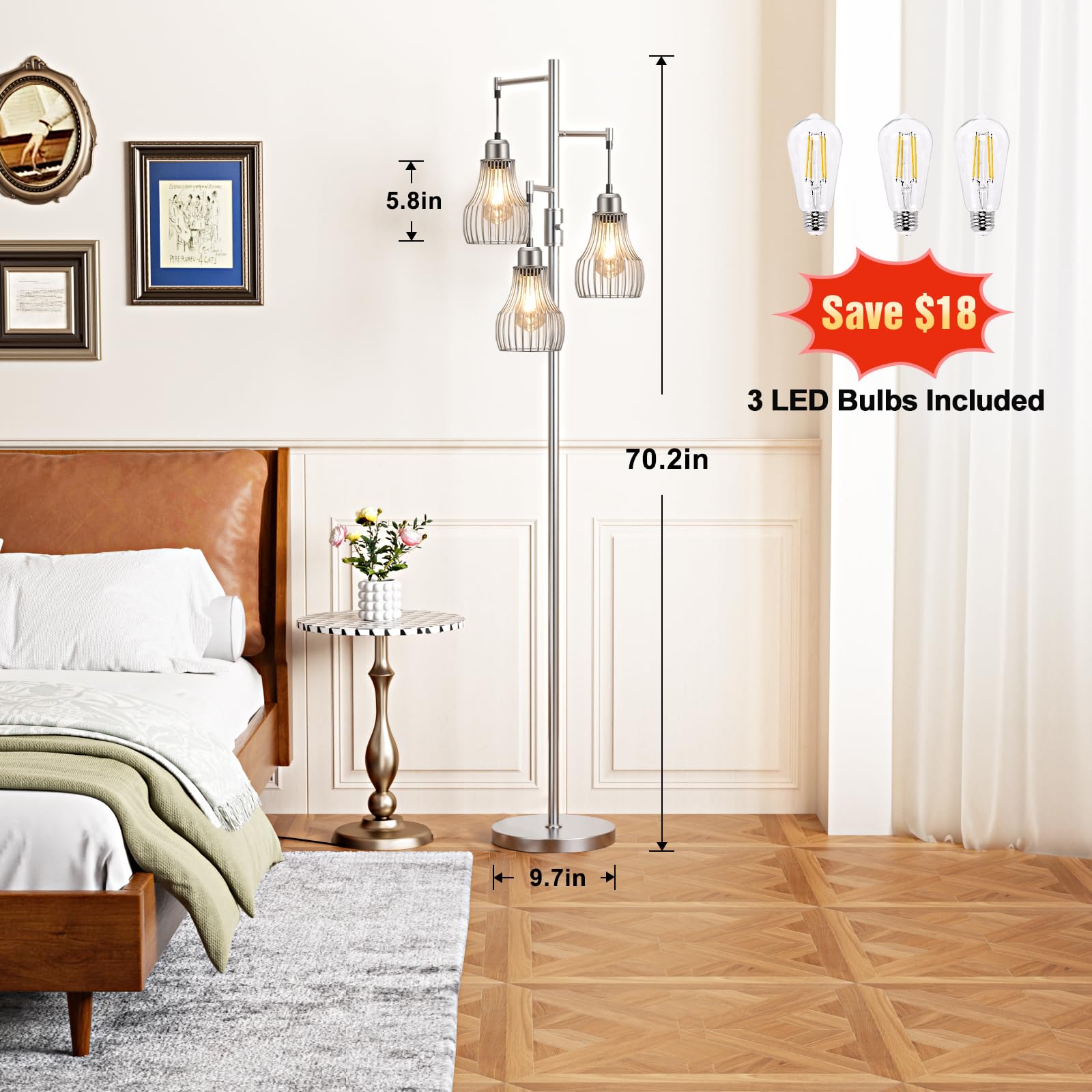 Ziisee Dimmable Floor Lamp with 3 x 800LM LED Bulbs, Metal, Silver, Model dtl1-3, Industrial Farmhouse Style for Living Room or Office