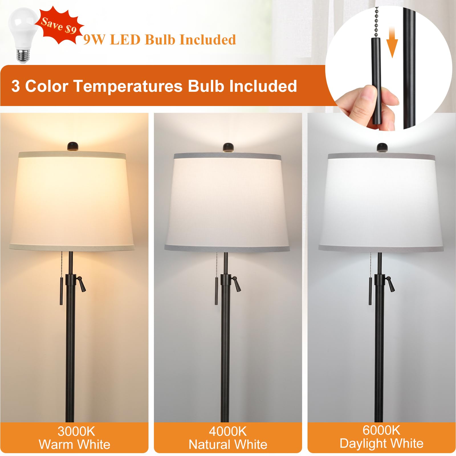 JUNNAI Black Floor Lamp - Adjustable Height, 55-65 inches, Metal & Fabric, Modern Design with White Shade & 9W LED Bulb Included