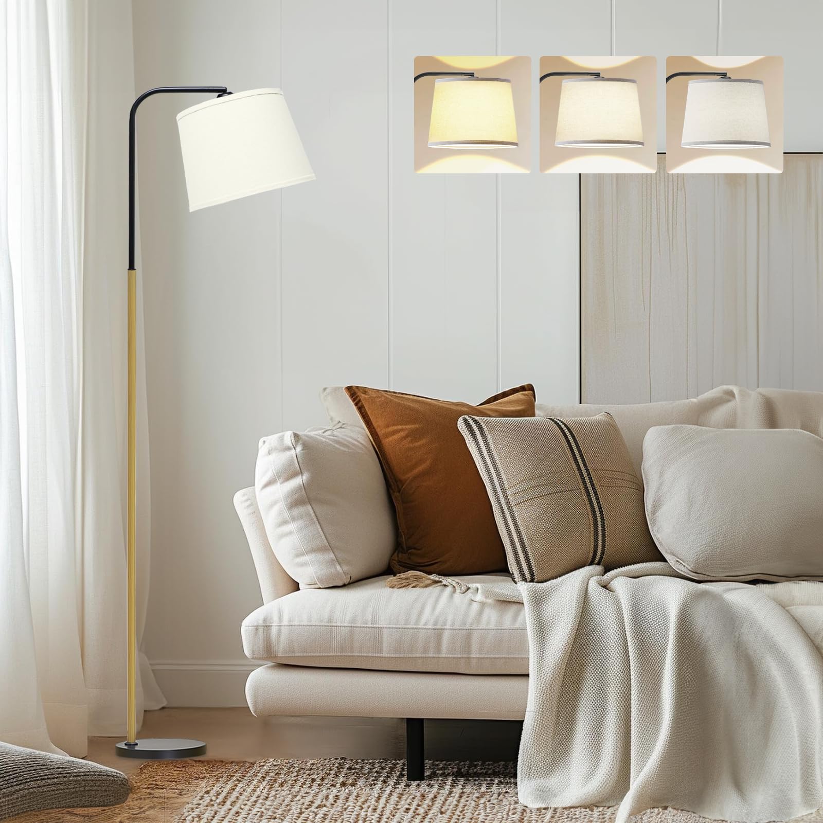 AKASUKI Floor Lamp with 3 Color Temperatures, 9W LED Bulb, Wooden Base, Cream Shade, Model LT-1125