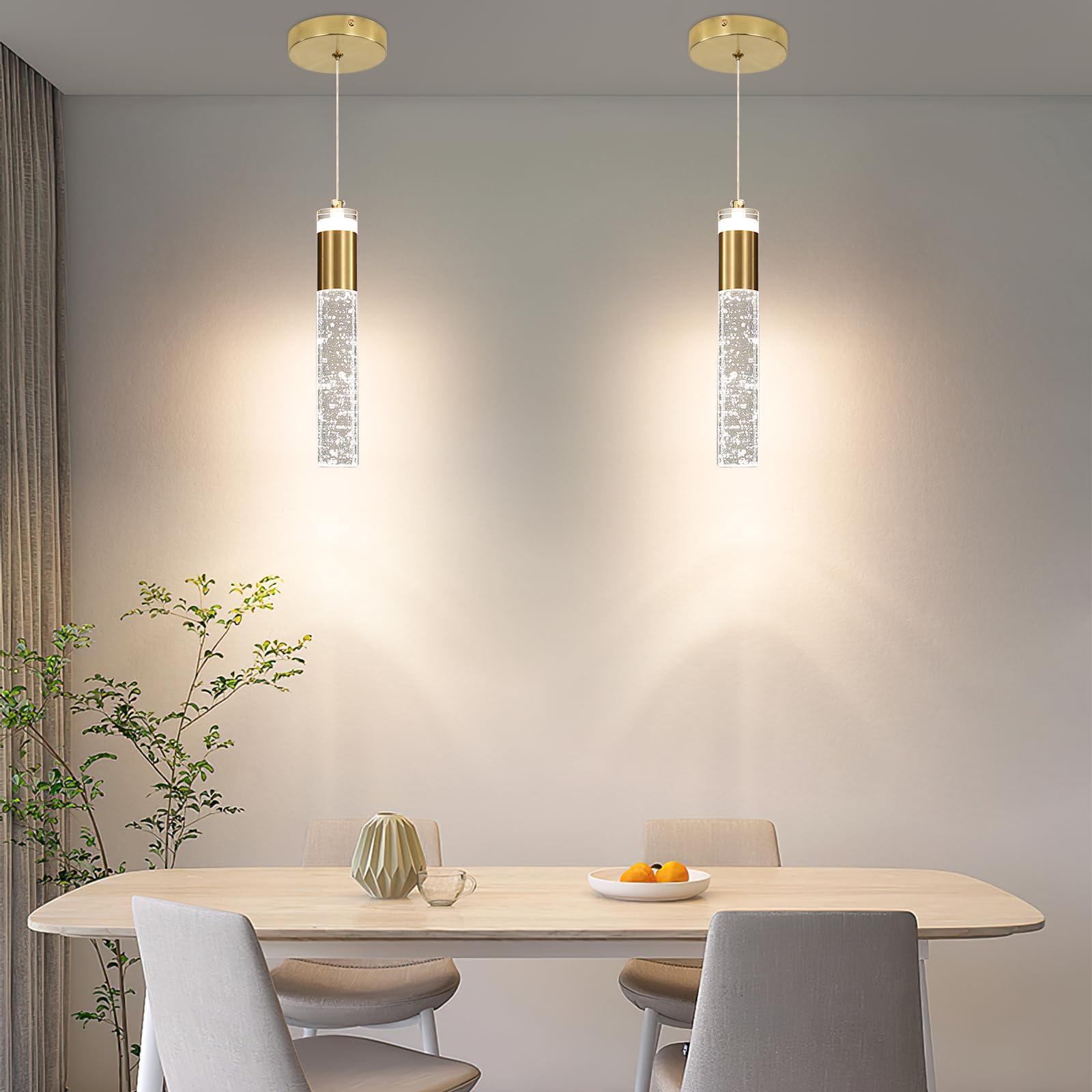 2 Pack Modern Kitchen Island Pendant Lights  Gold Bubble Crystal Ceiling Hanging Light  3 Color 2700K/4500K/6500K  Mini Linear Led Chandelier Lighting For Dining Room  Bedroom  Bar  Hallway  Bedside