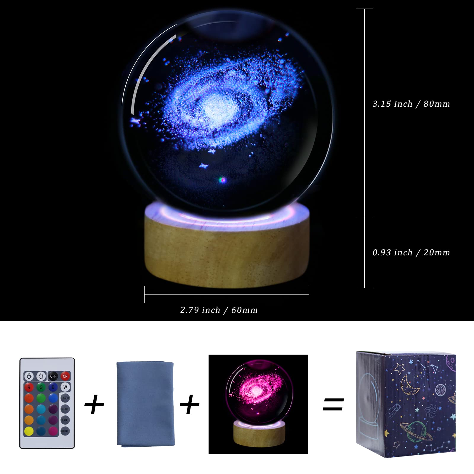 Huntalg 3D Galaxy Crystal Ball Night Light With Remote Upgraded 3.15 Inch Galaxy Planets Glass Ball Lamps With 16 Color Led Wood