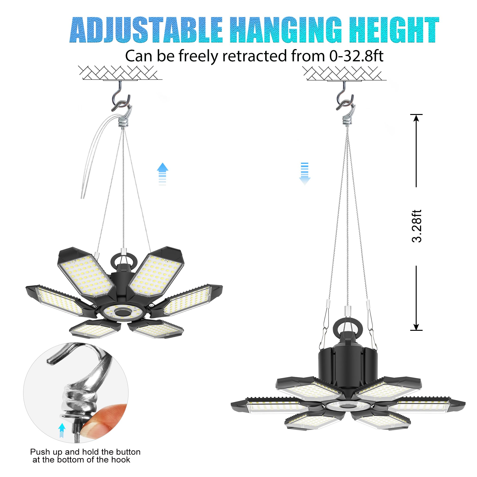Linkable Led Shop Light With 6 Deformable Panels, 20000Lm 6500K Plug In Garage Ceiling Lights, Hanging Led Lights For Garage/War