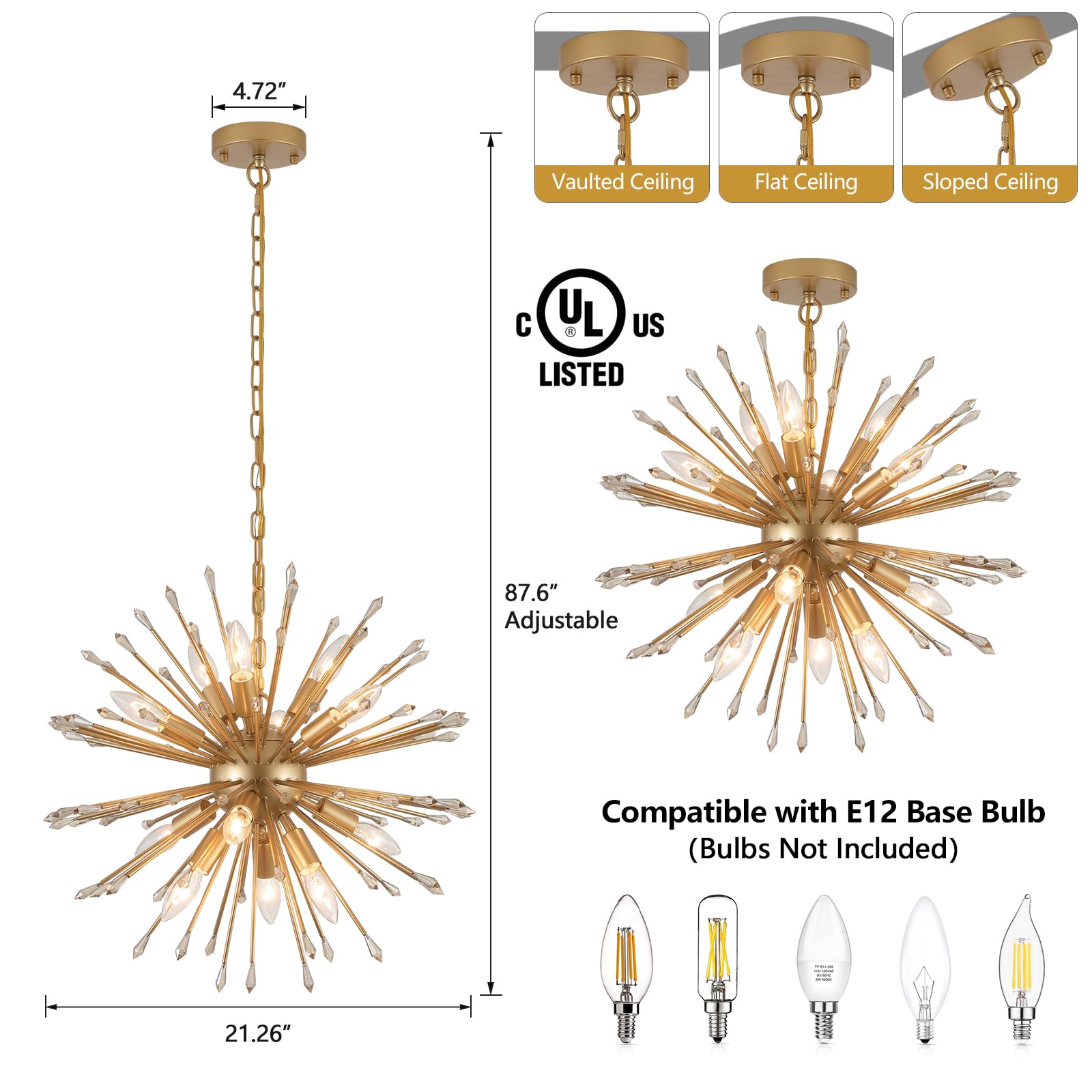 Meixisue Modern Sputnik Chandelier,Gold Firework Pendant Light 12-Light Dining Room Chandeliers Hanging Light Fixture For Kitche