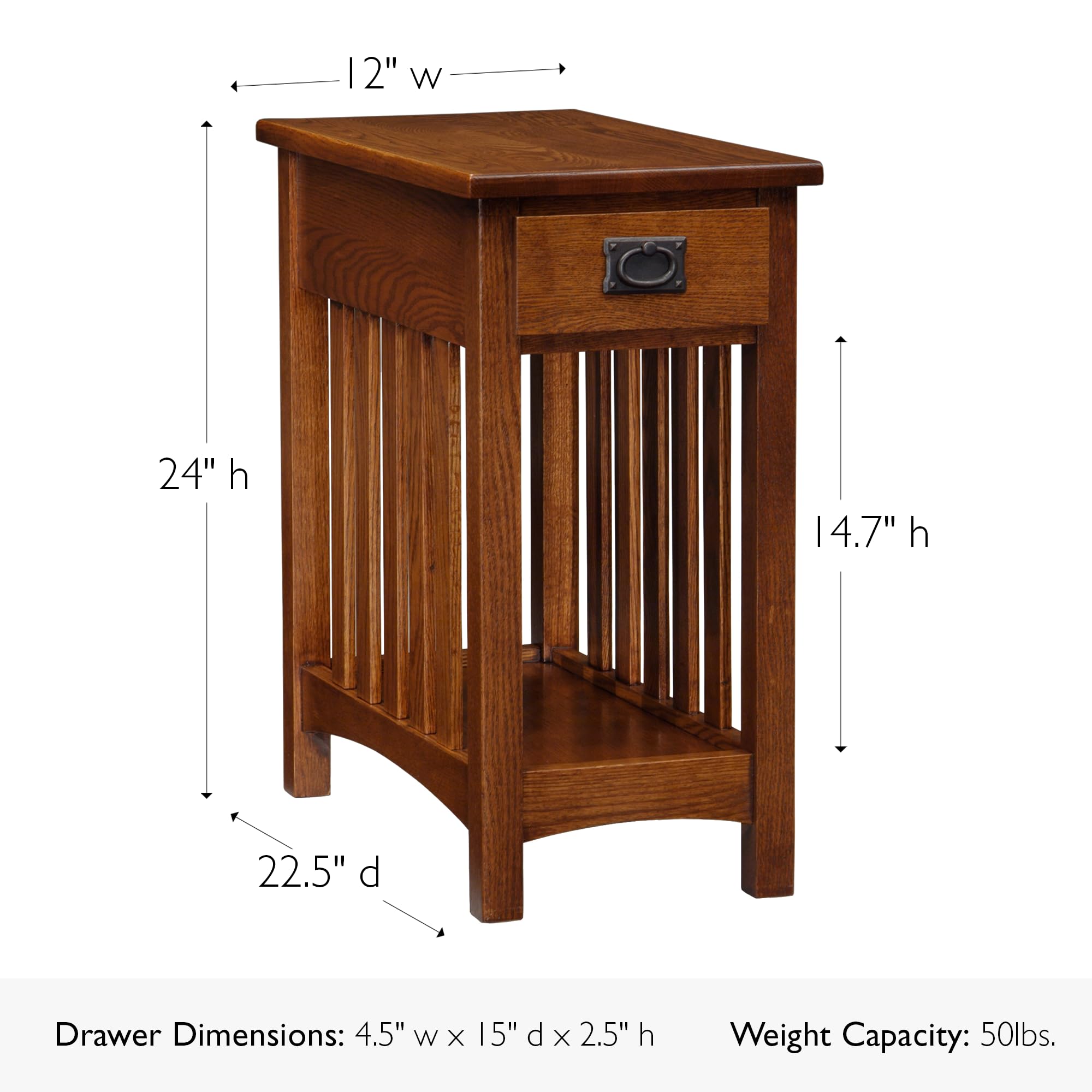 Leick Home Mission Impeccable Coffee Table, Solid Wood with 2 Drawers & Shelf, Medium Oak Finish, Blackened Hardware, Slatted Si