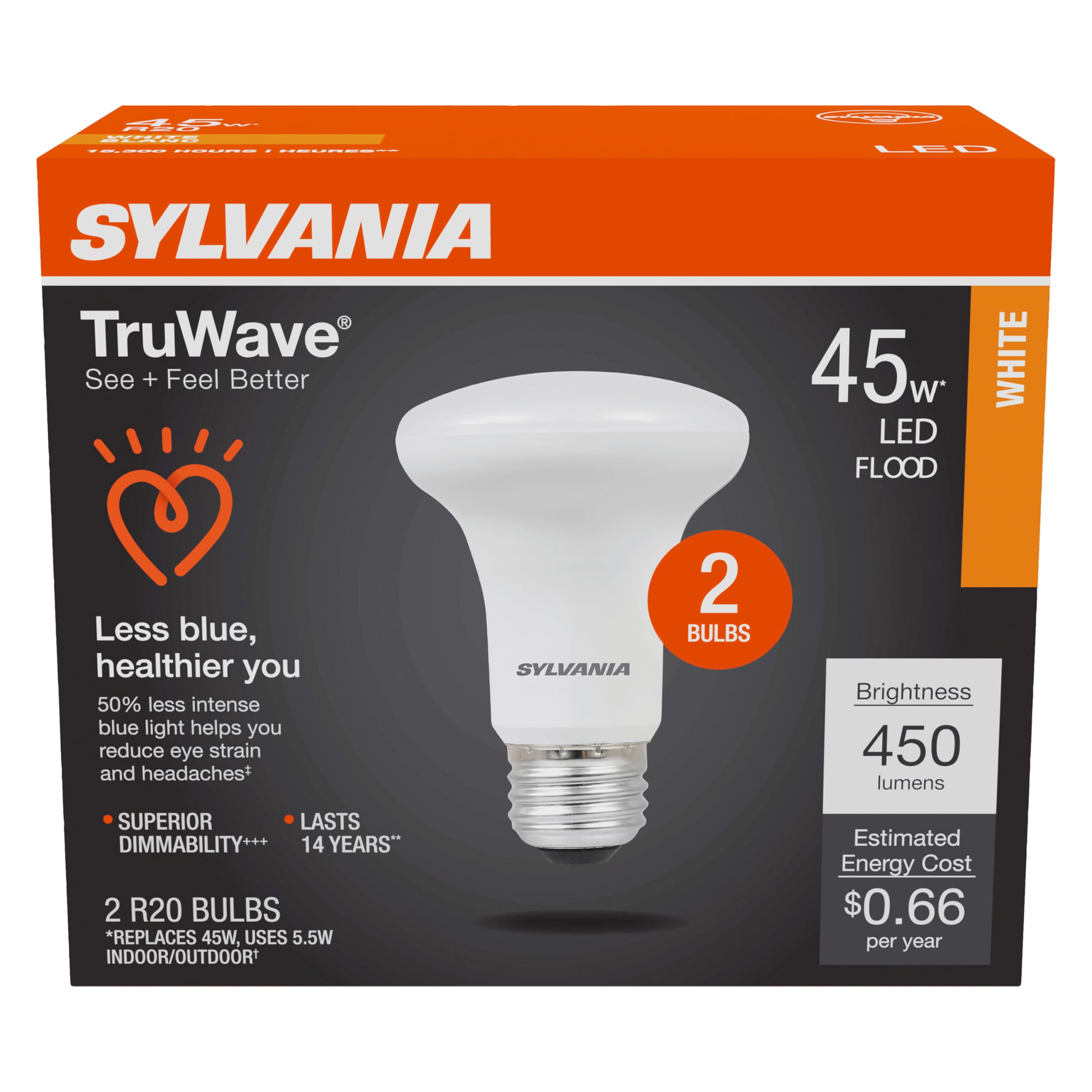 Sylvania Led Truwave Natural Series R20 Light Bulb, 50W Equivalent Efficient 5W, Dimmable, Frosted, 3000K, Neutral White - 2 Pac