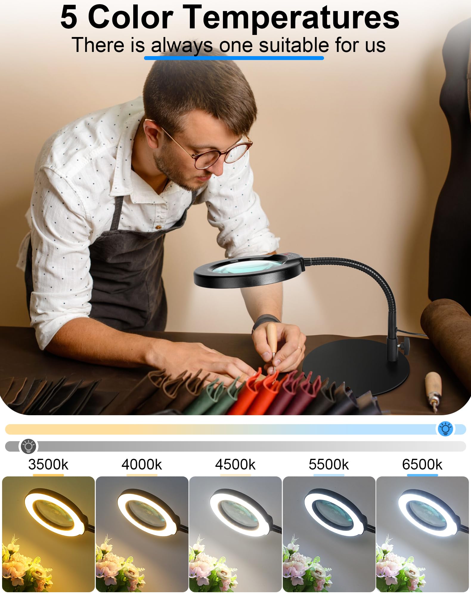 Coyeth Magnifying Glass With Light And Stand, Hands Free Magnifying Lamp, 5 Color Modes 10 Dimmable Brightness, Metal Base Desk