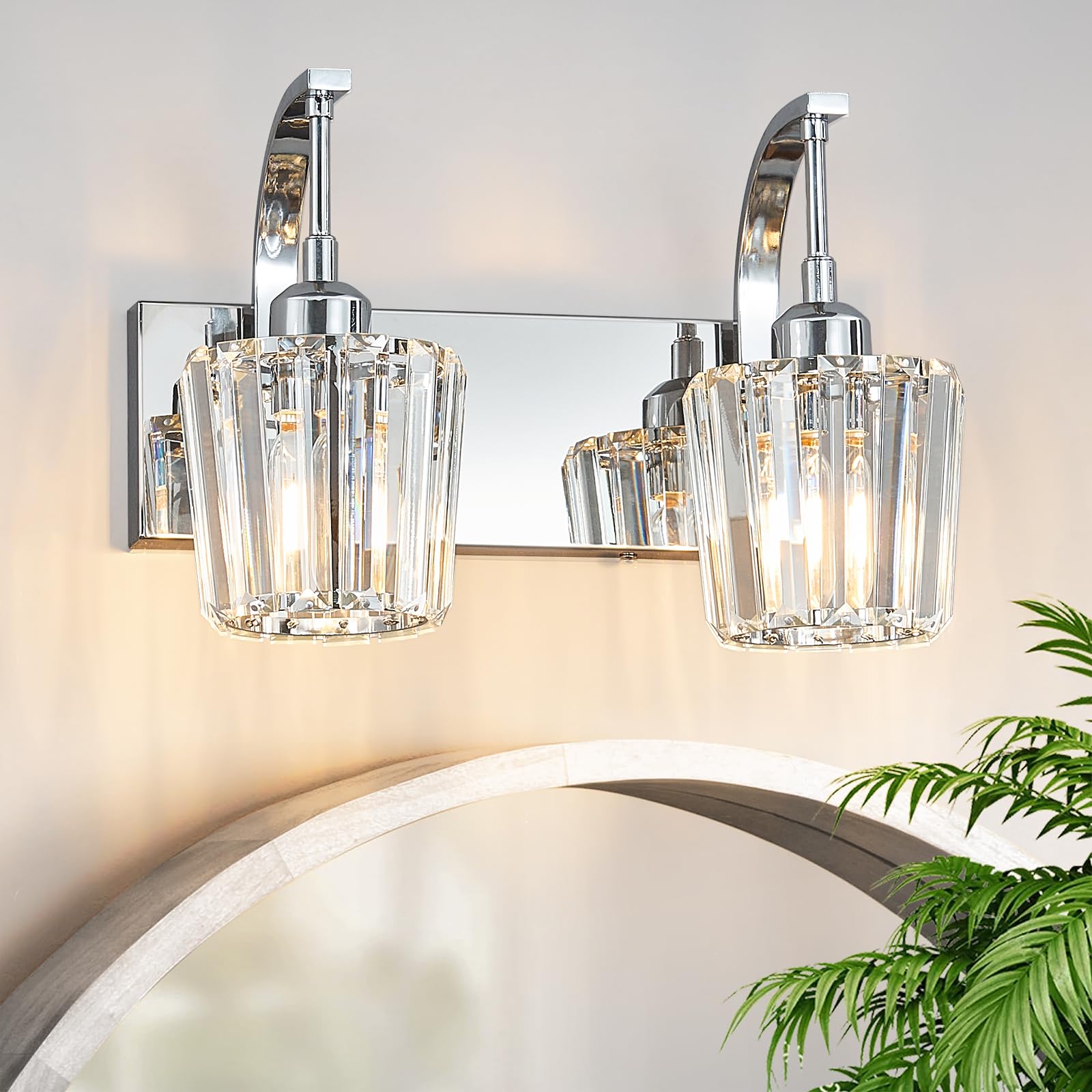 Fdpby Modern Bathroom Vanity Light  2-Light Chrome Wall Sconce With Crystal Accents  Over Mirror Bathroom Lighting Fixture  13.77 Long Dimmable Vanity Lamp For Makeup  Easy Installation