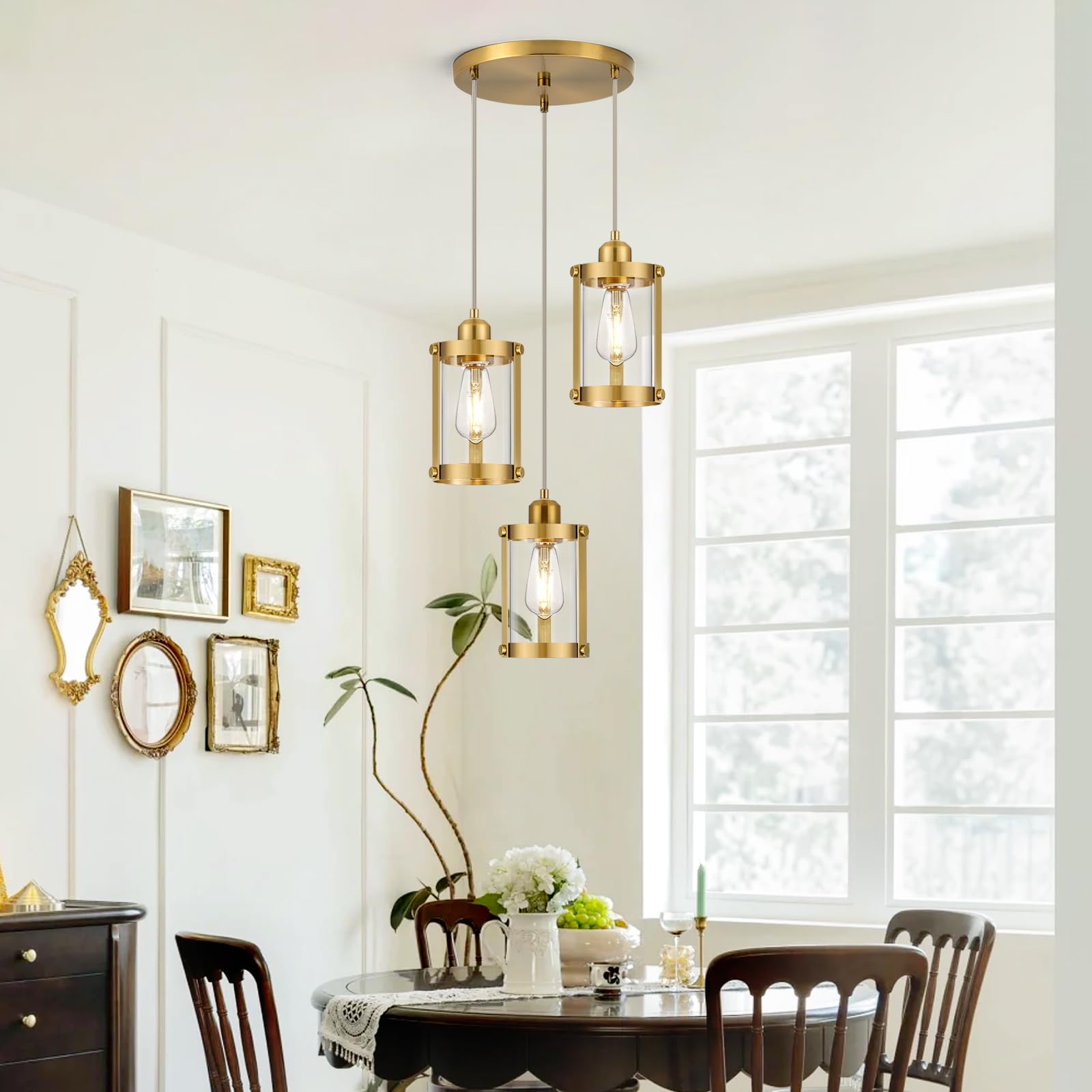 Osimir 3-Light Pendant Lighting, Brushed Gold Dining Room Chandelier Light Fixture Over Table With Clear Glass, Modern Cluster H