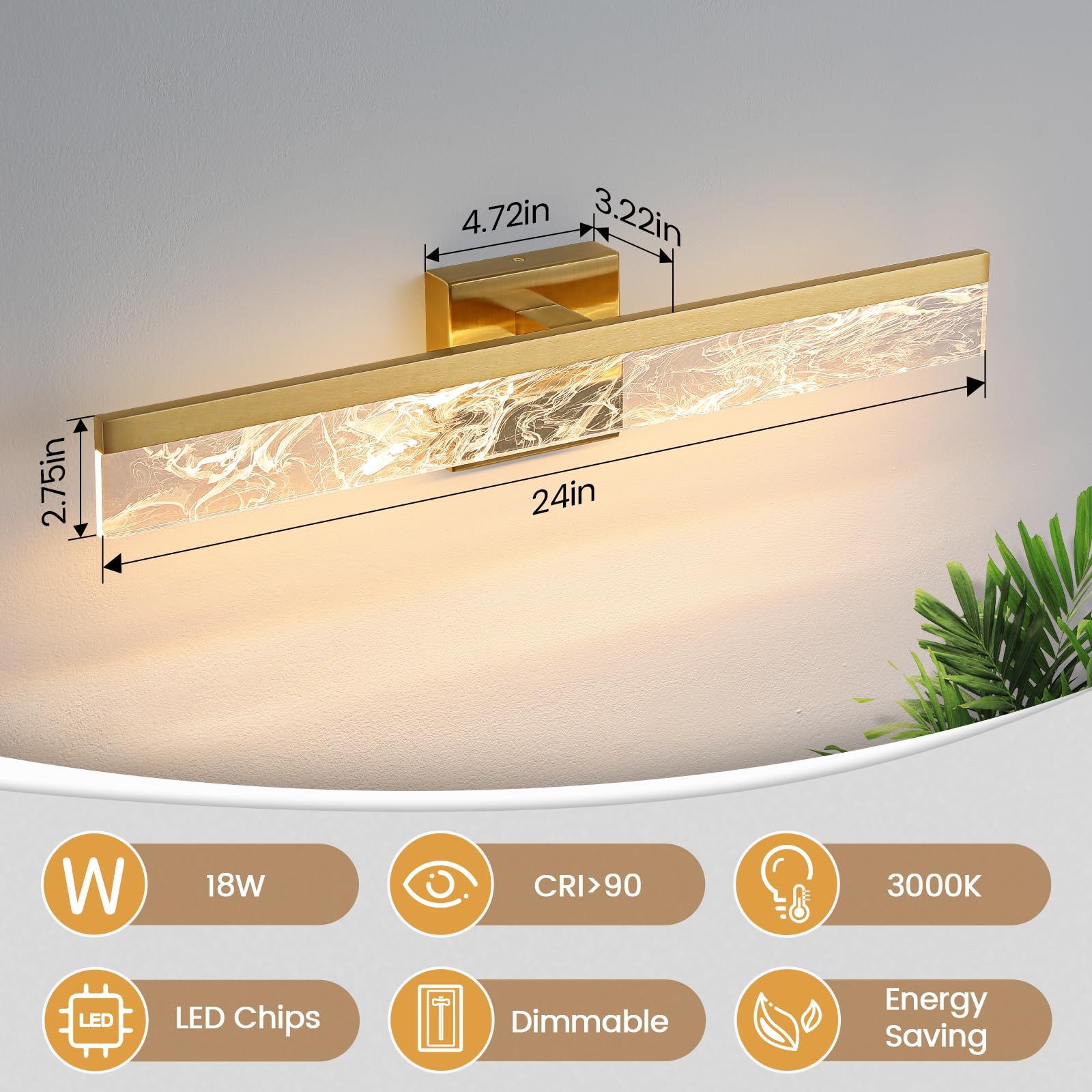 AIJIASI 24 Inch Gold Vanity Light - Modern Dimmable LED Bathroom Fixture, 18W, 3000K Warm Lighting, Model 8205WL-24GD-US