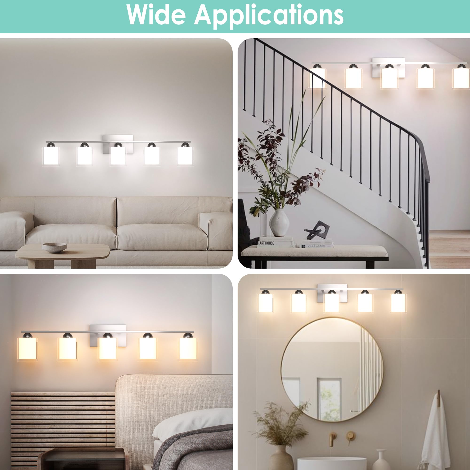 Quntis 5 Light Brushed Nickel Bathroom Light Fixtures  Modern Vanity Lights Over Mirror With 5 Colors & Stepless Dimmable  33 Inch Led Bathroom Lighting With Milk White Frosted Glass (Bulbs Included)