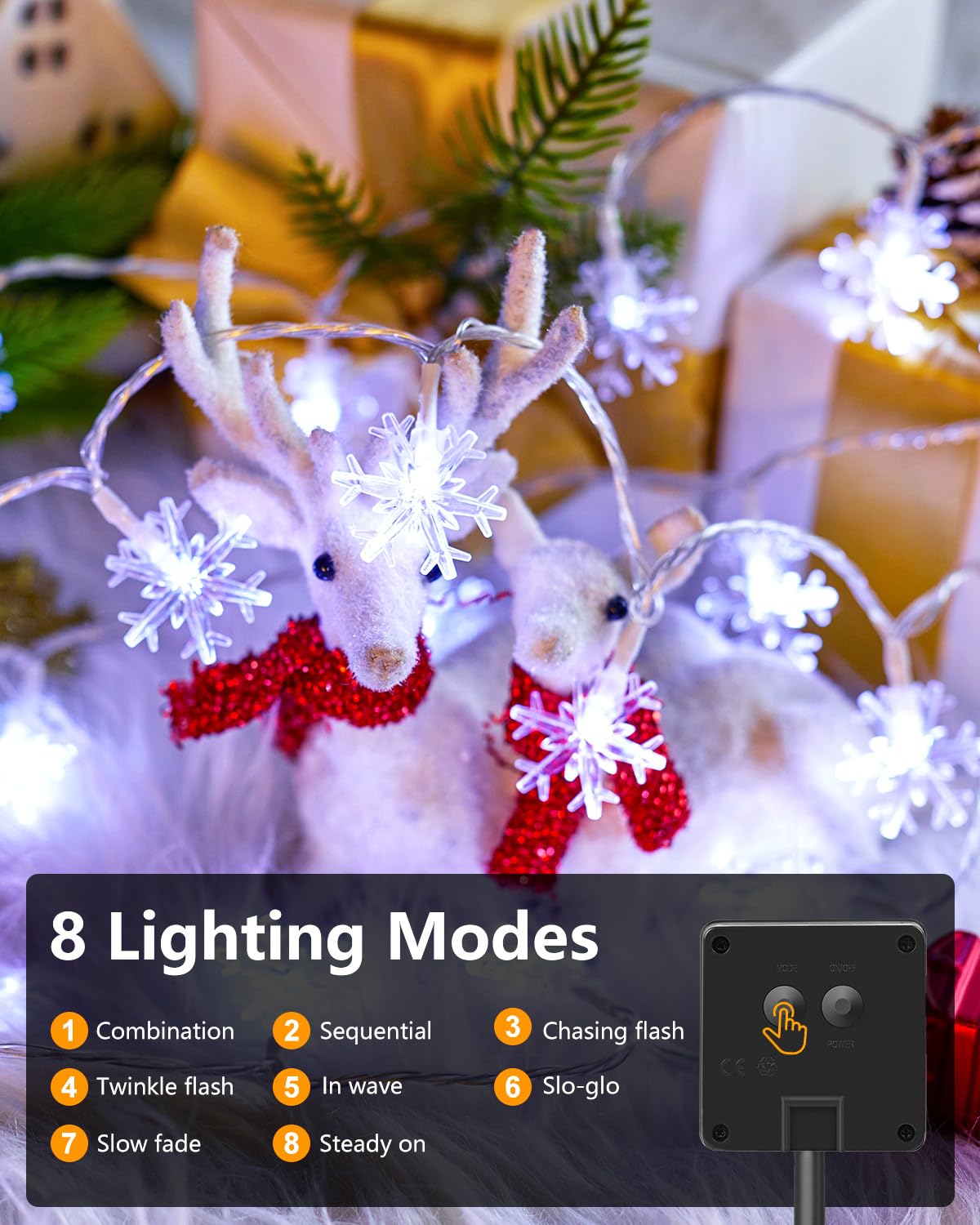 Brightown Solar Snowflake String Lights, 72FT 200 LED, Waterproof, 8 Lighting Modes, Pure White, Model SOLAR-SNOWFLAKE-200LED-PW
