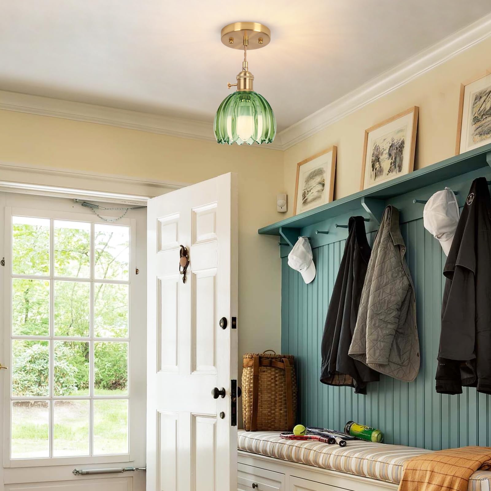 Loiogohot Battery Operated Pendant Light, 5.1" RGB Rechargeable Glass Chandelier, Tulip Green, Model PL-BN1169-CD-GN