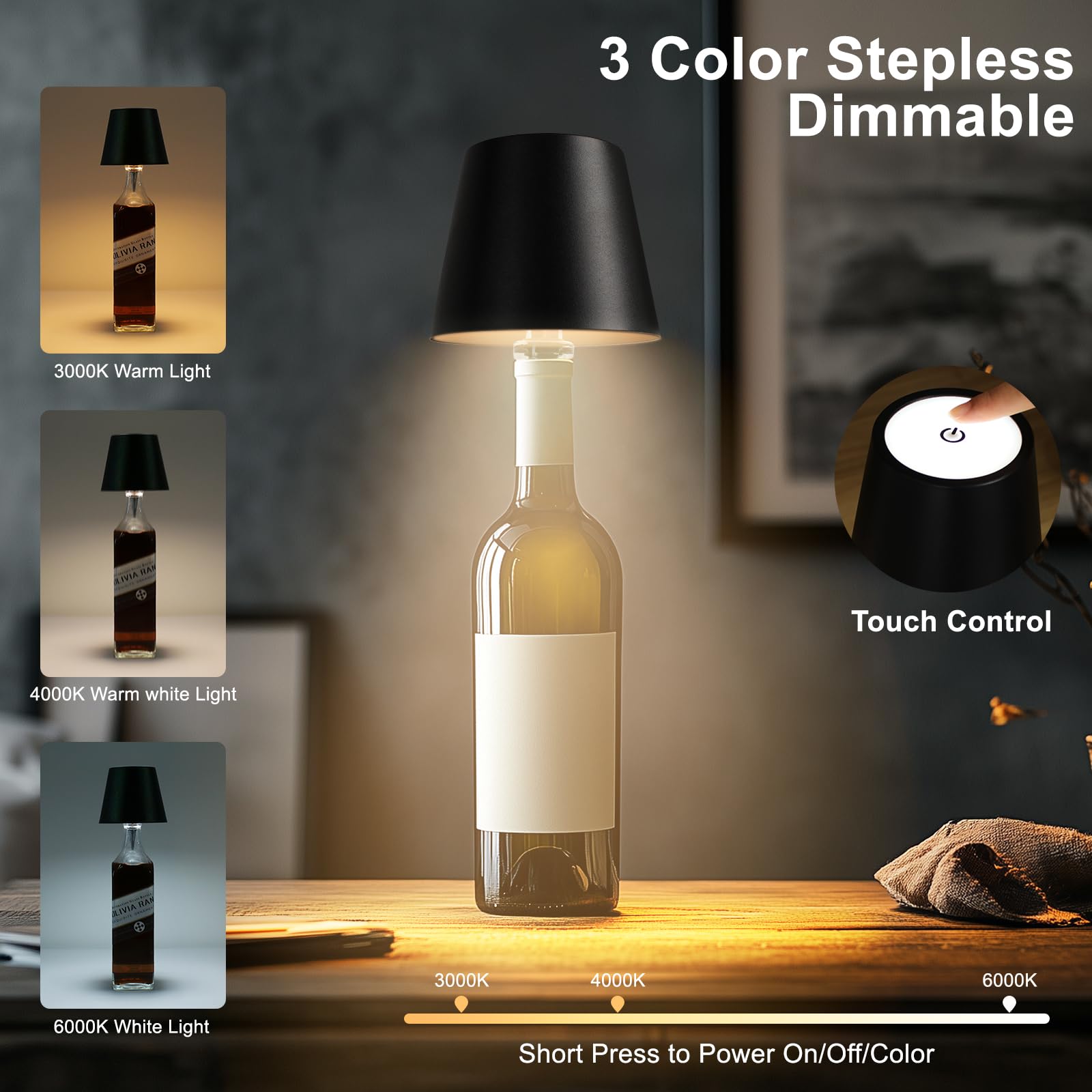 Mebaraul 3600Mah Wireless Bottle Lamp, 2025 New 3 Color Rechargeable Wine Bottle Light, Cordless Led Table Light For Bars Restau