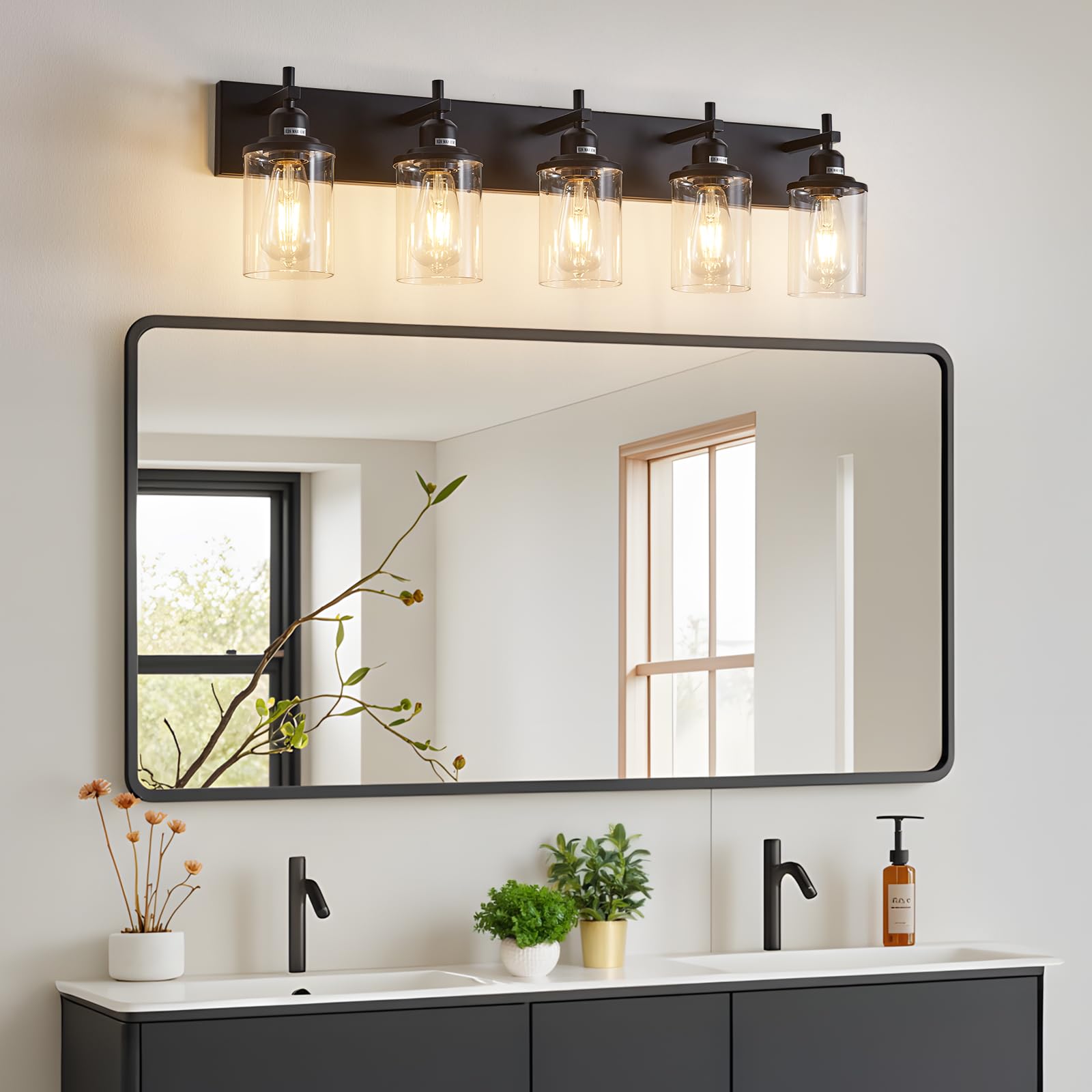 Lanhall 5-Light Black Bathroom Light Fixture Over Mirror Modern Farmhouse Bathroom Vanity Light Vintage Wall Lighting With Clear