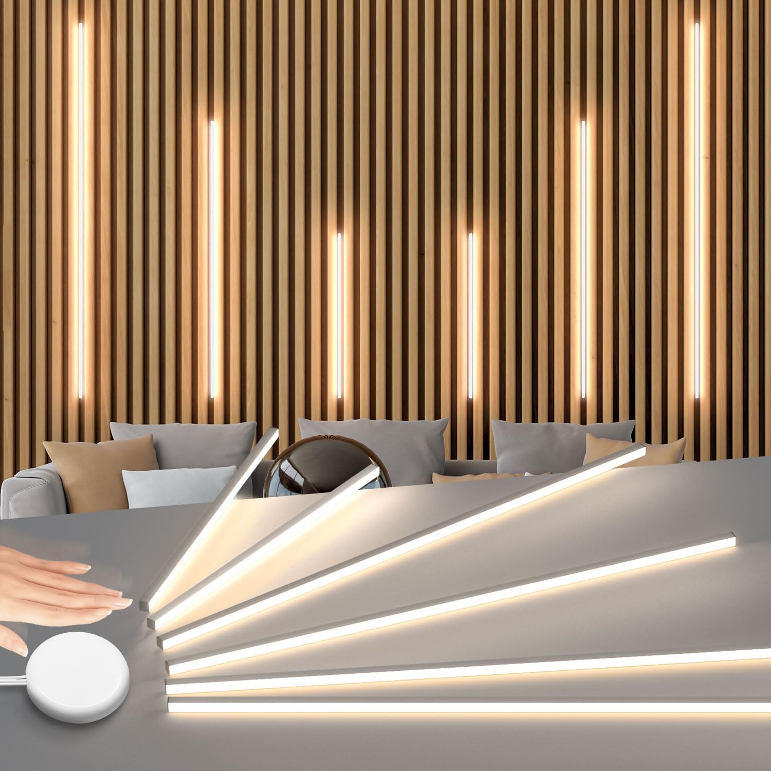 Lichaser Led Recessed Lighting For Acoustic Panel  6 Pcs Of 3000K Dimmable Led Strip Light For Wood Slat Wall Panel In Parallel With Touch Sensor  Self-Adhesive For Slat Wall Decor (2*36+2*24+2*16 In)