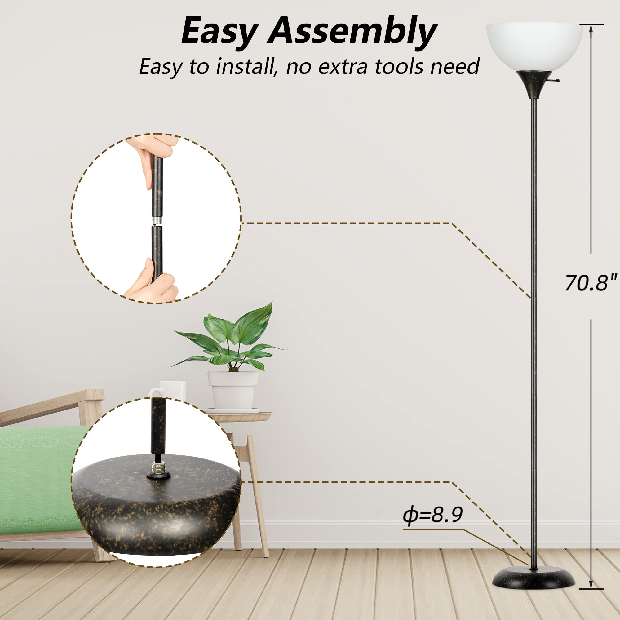 RISLG Industrial Floor Lamp - 3-Level Dimmable, Metal, 70.8in, Retro White Lampshade, Model RG005 for Living Room, Bedroom, Office
