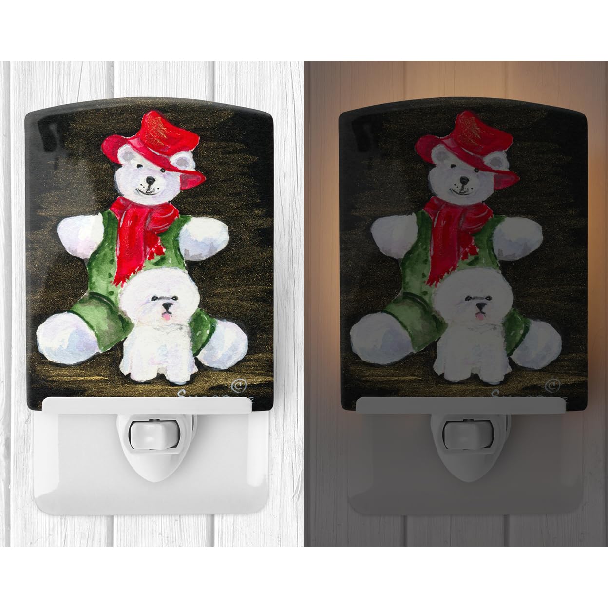 Caroline'S Treasures Ss8948Cnl Bichon Frise With Teddy Bear Ceramic Night Light Compact, Ul-Certified, Ideal For Bedroom, Bathroom, Nursery, Hallway, Kitchen, 6X4X3, Multicolor