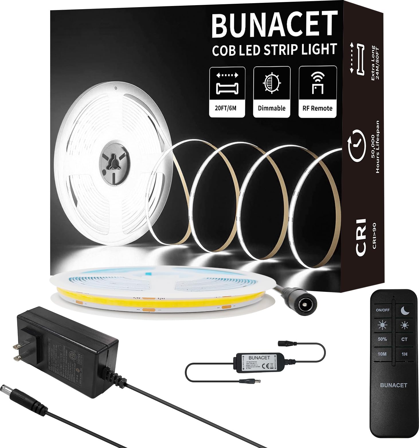 BUNACET COB LED Strip Light 20ft/6m Cool White 6500K High Lumen CRI 90+ with UL Listed Power Adapter RF Remote for Bedroom Count