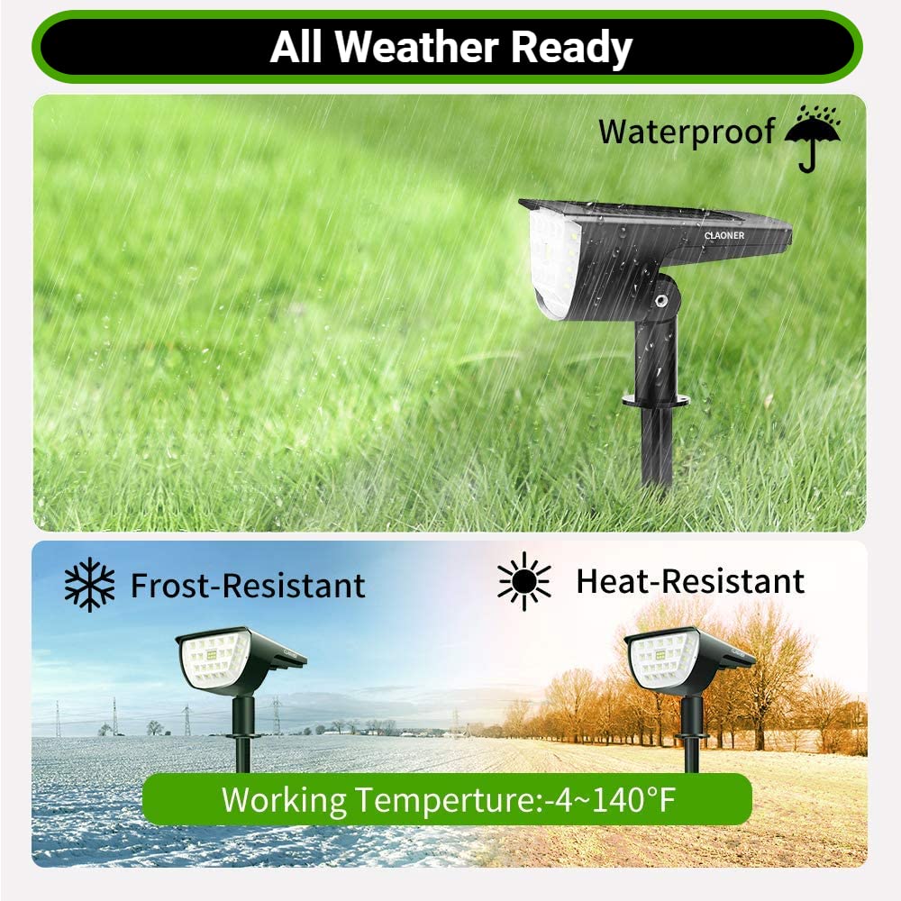 CLAONER Solar Spot Lights - 32 LED, 3 Lighting Modes, IP65 Waterproof, 2 Pack, Cold White, High-impact ABS Plastic