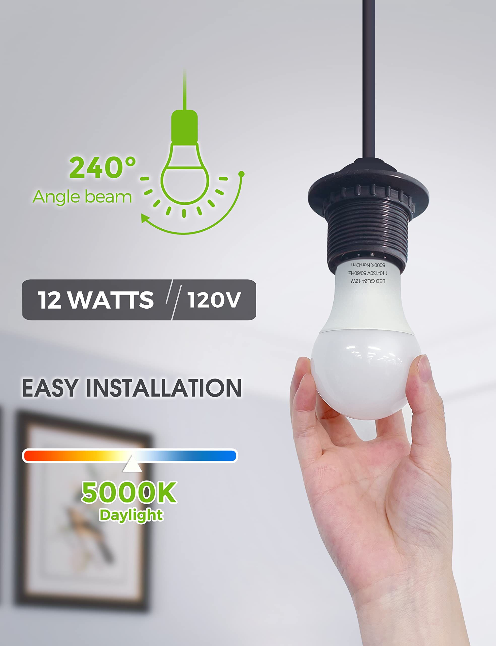 L Lohas Gu24 Base Led Light Bulb, 12W (75W-100W Equivalent), 1200 Lumen, 5000K Daylight White, Non-Dimmable,