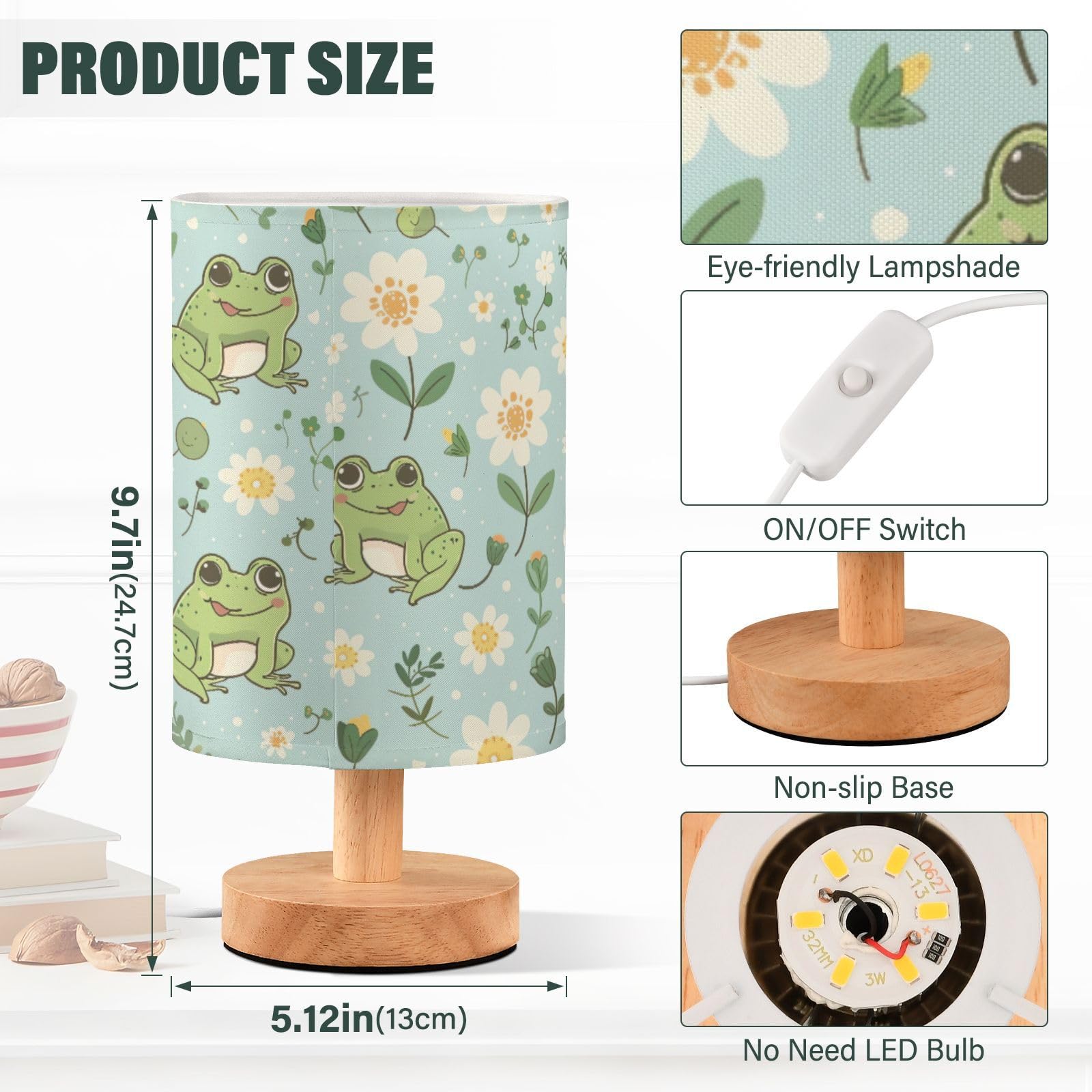 Goodold Cute Kawaii Frogs Led Table Lamp - Modern Minimalist Bedside Lamp With Round Flaxen Fabric Shade For Nightstand, Perfect