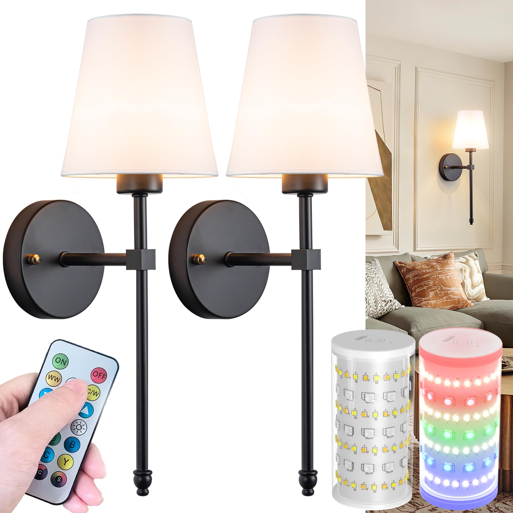 Vimhou Wall Sconces Set of Two, Battery Operated, Wireless, RGB Dimmable, Rechargeable, Black, One Size