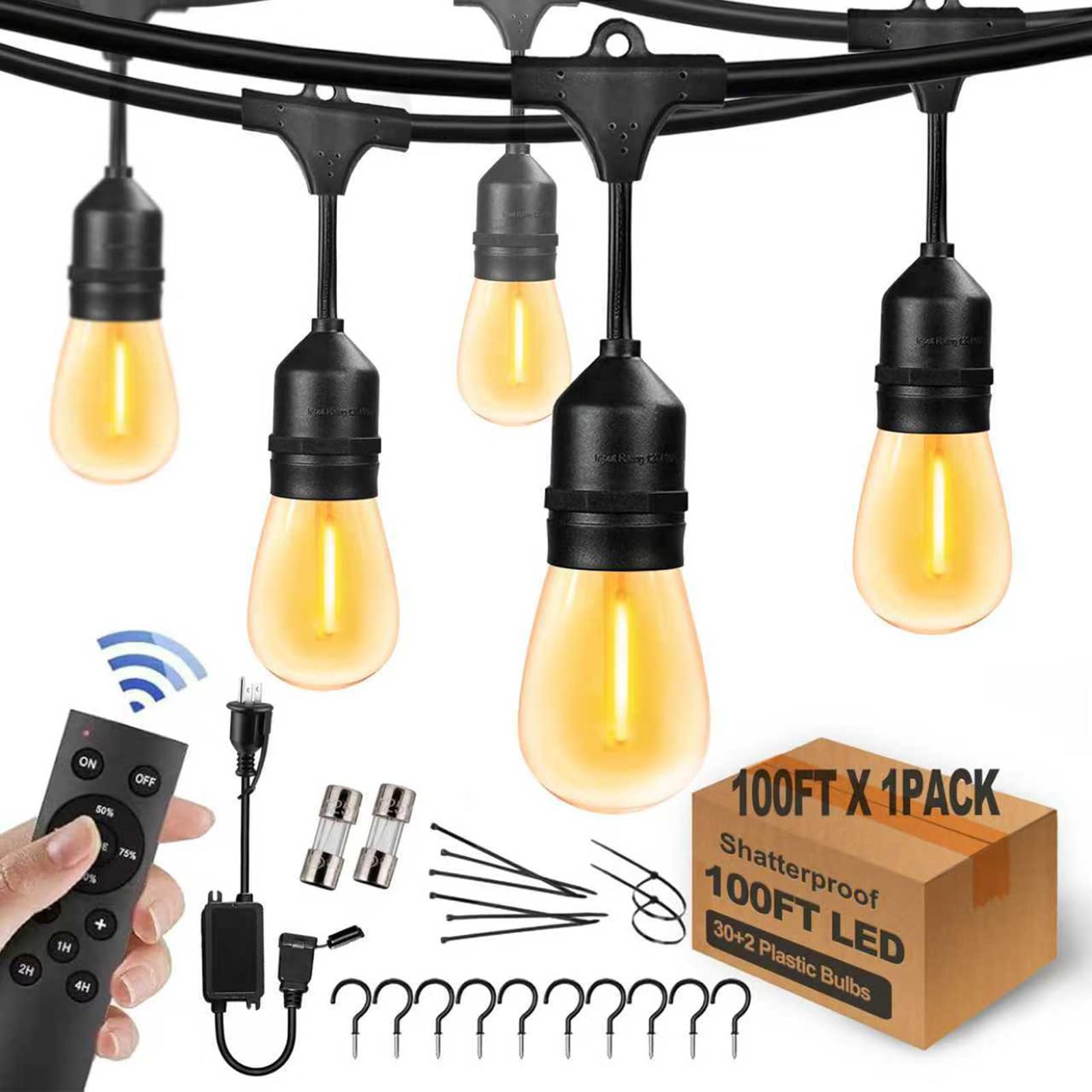 100FT Outdoor String Lights with Remote Control Patio Lights Waterproof Commercial Grade, 30+2 Replaceable Dimmable Edison Bulbs