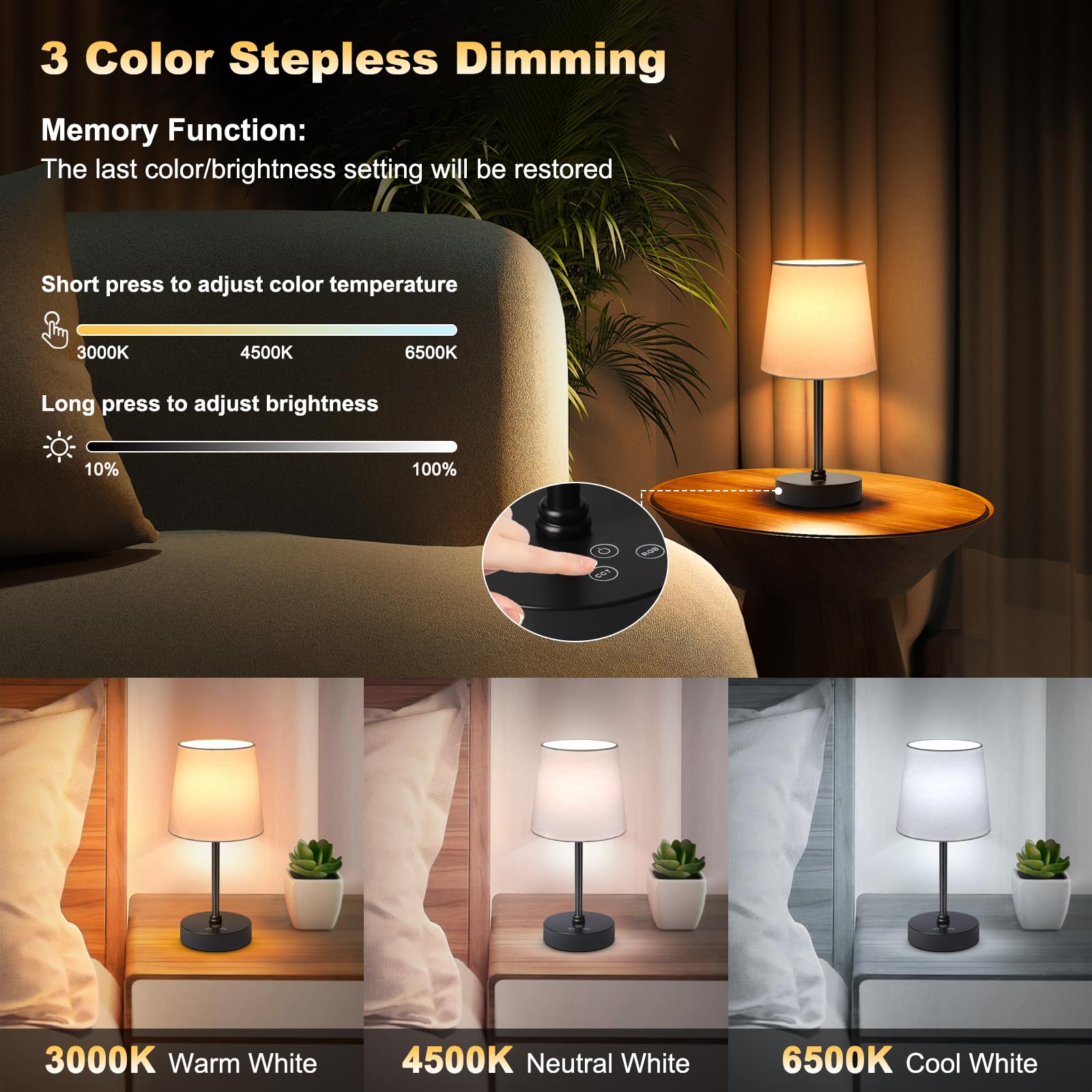 Wowag Cordless Table Lamp,5000Mah Rechargeable Battery Operated Desk Lamp,3Colors & 7 Rgb Stepless Dimmable, Portable Small Touc