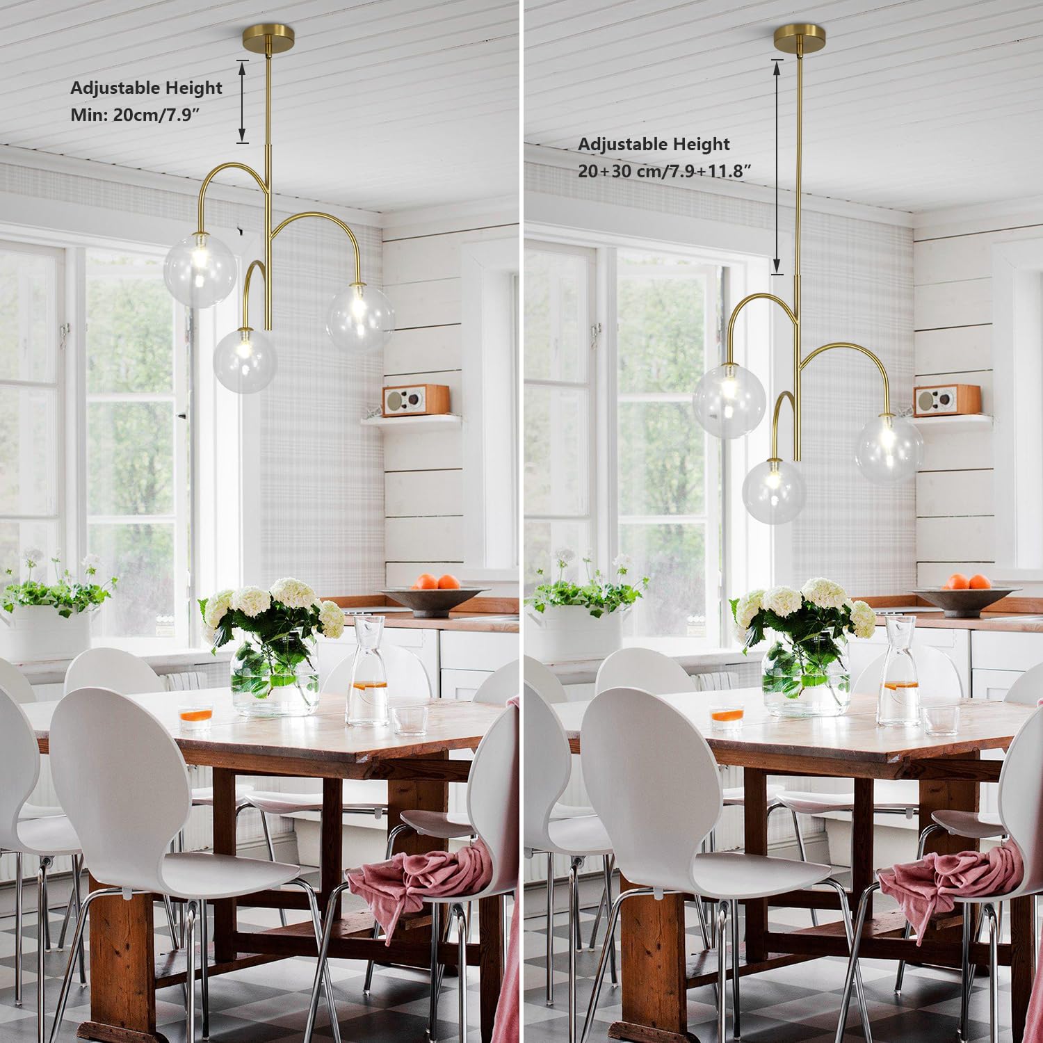 Flyrose Modern Gold Globe Pendant Lighting 3-Light Clear Glass Bubble Chandelier Mid Century Sputnik Light Fixture Brushed Brass