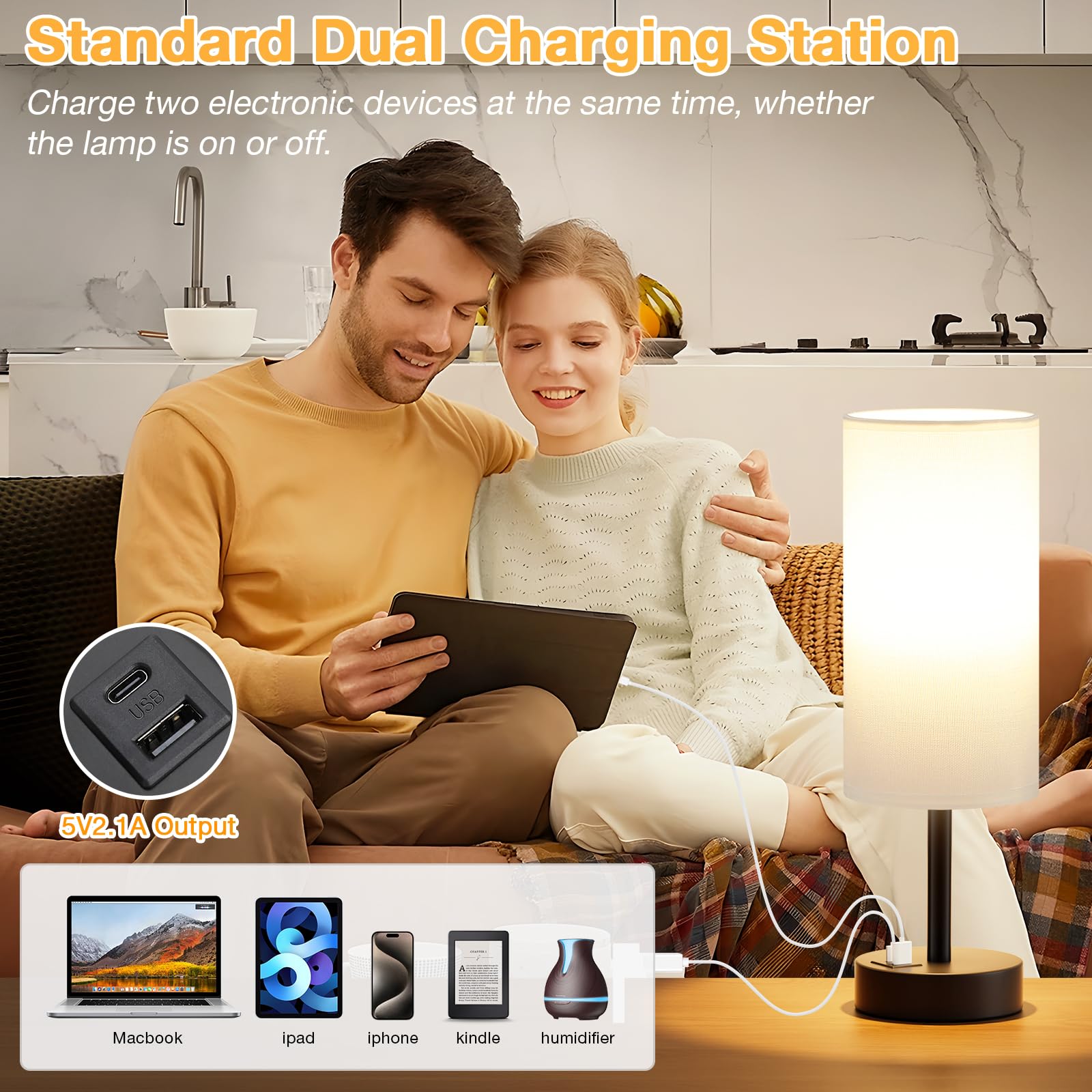 White Touch Table Lamp With Usb - 3 Way Dimmable Bedside Lamp For Nightstand, Bedroom Lamp With Black Charging Station For Desk,