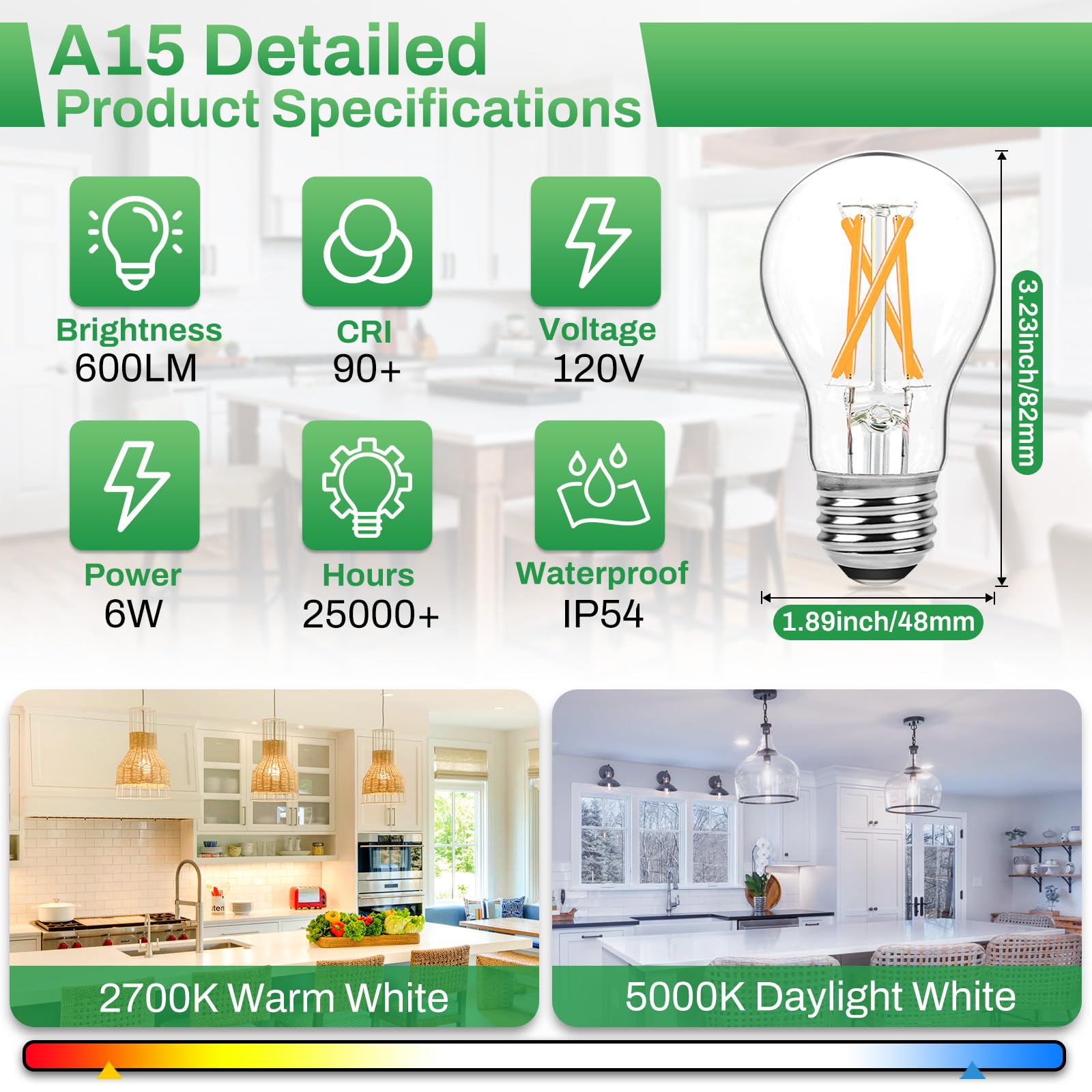 6-Pack Dimmable E26 Led Edison Bulbs 60 Watt Equivalent, 6W A15 2700K Warm White 600Lm Vintage Led Light Bulbs For Ceiling Fan,