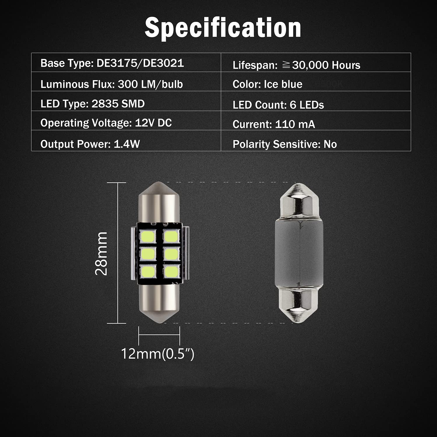 BRISHINE Festoon LED Bulbs, 2835 Chipsets, Canbus Error Free, 28MM/29MM, Ice Blue, Model BRISHINE-Festoon28IB-283