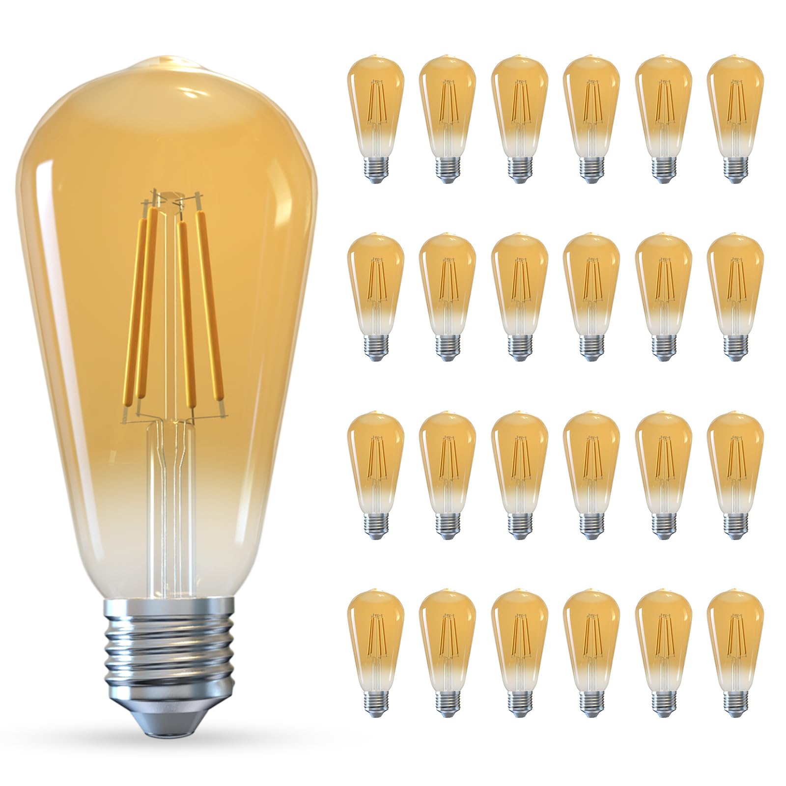 Jensense E26 LED Edison Bulbs 7W 800 Lumen Dimmable 2300K Warm White Amber Glass 24 Pack