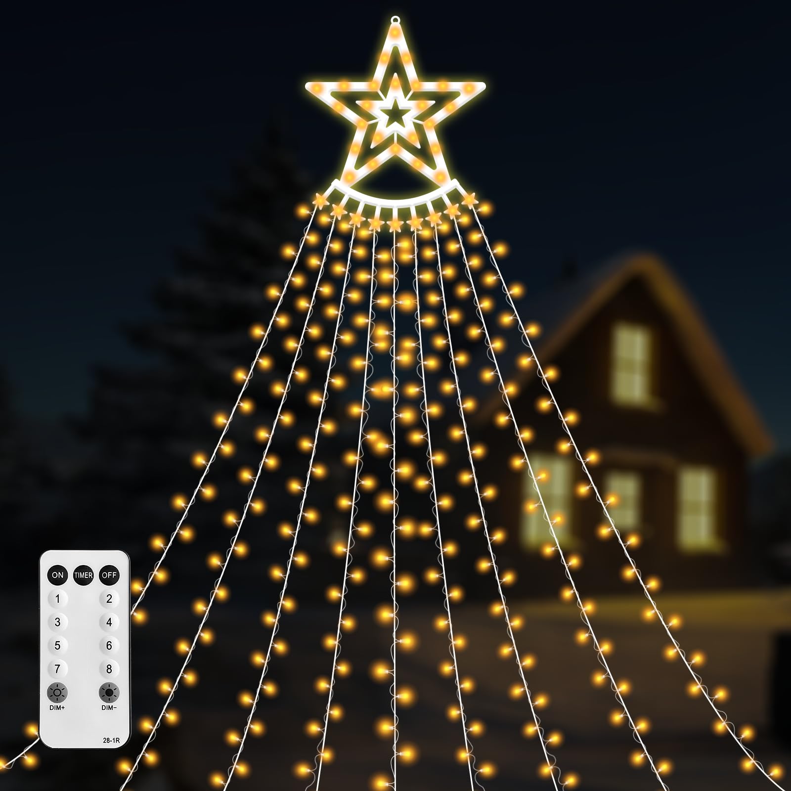 VTZNOJ 350 LED Star String Lights - Waterproof, 8 Light Modes, Remote & Timer, Warm White, Model CM-123