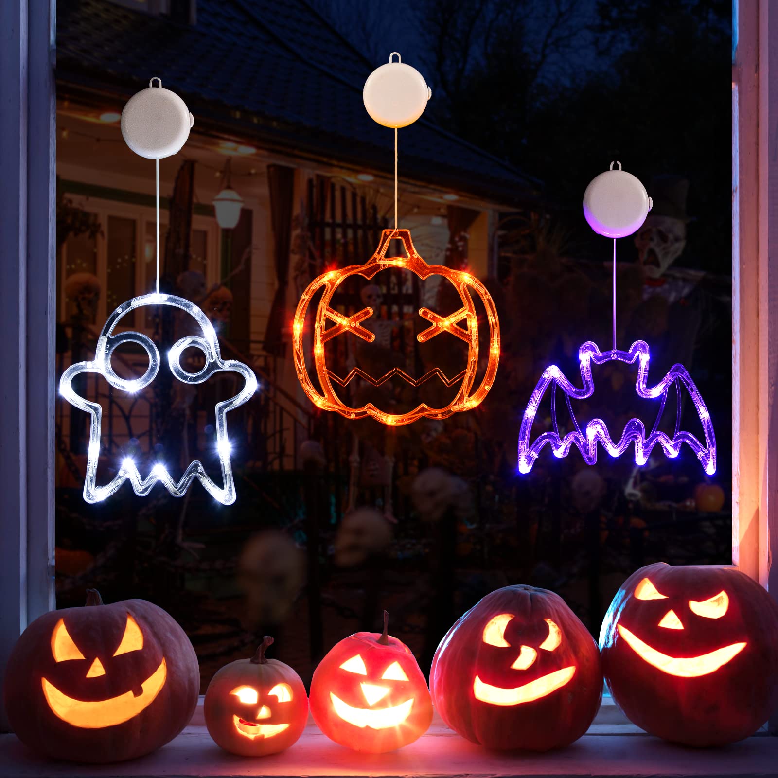 LOLStar Halloween Window Lights Pack - Battery Operated Orange Pumpkin, White Ghost, Purple Bat with Suction Cup, Slow Fade Mode