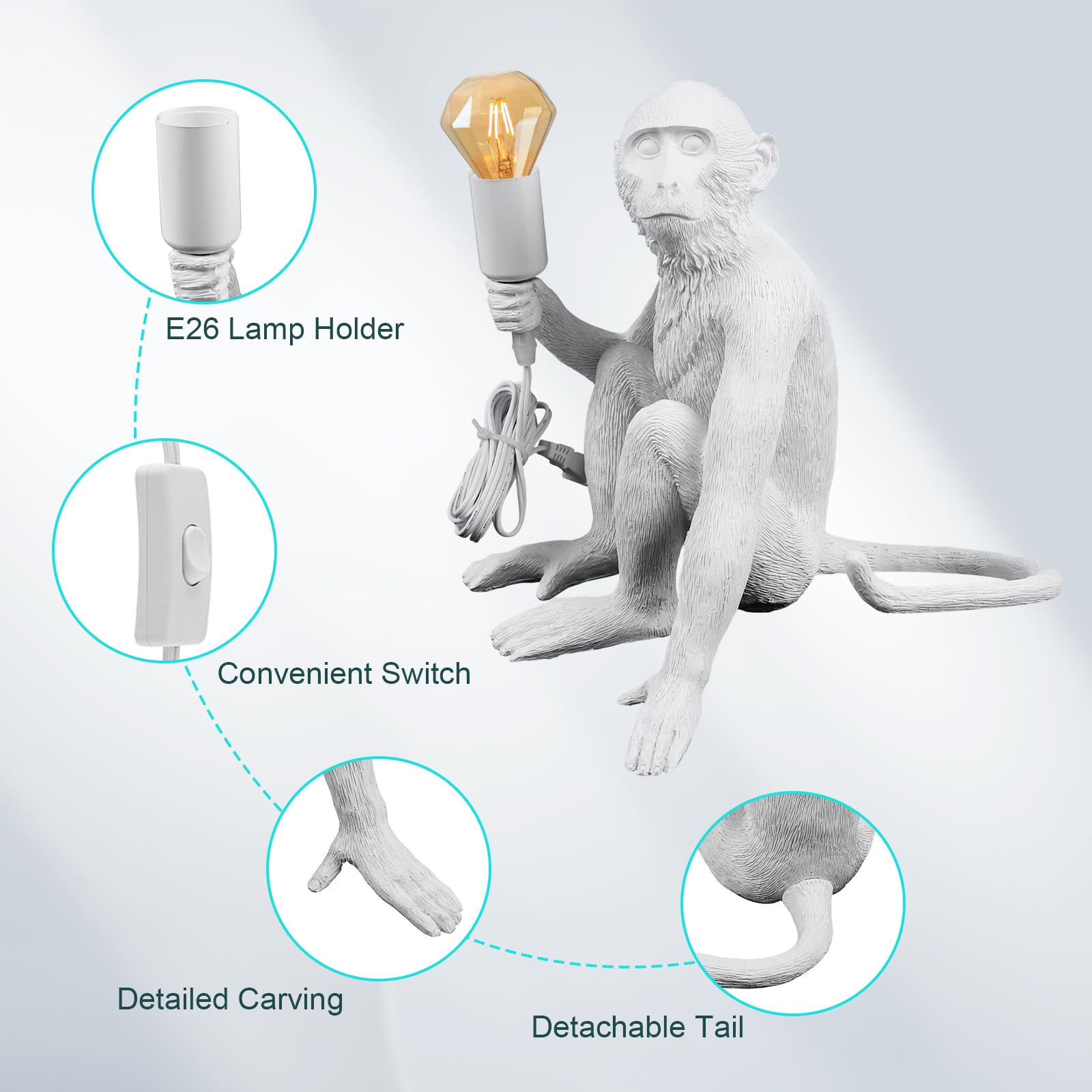 Huashuani Monkey Desk Lamp, Bedside Monkey Statue Light, Creative Resin Table Light Lighting Fixture For Bedroom, Kids Room, Din