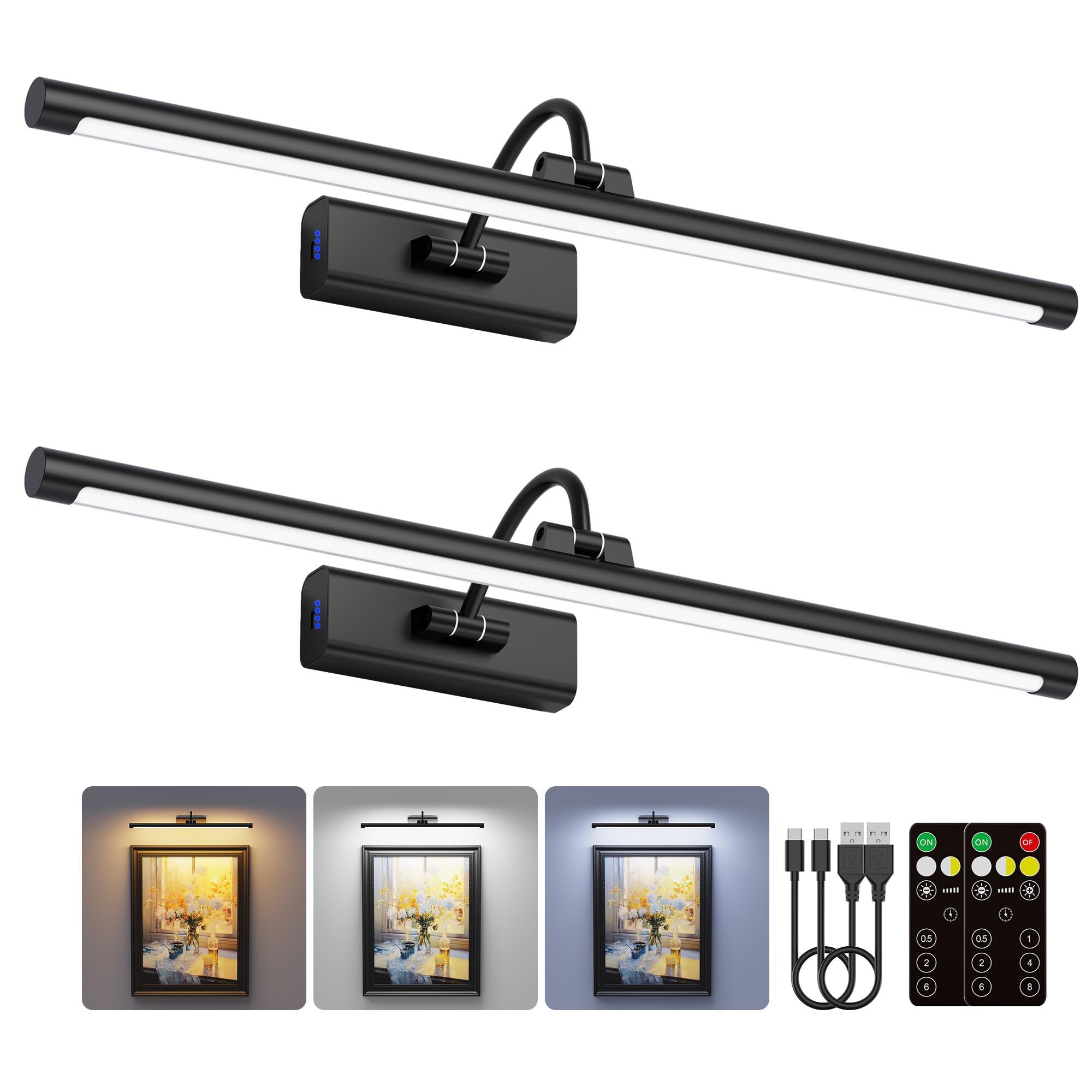 Craftersmark 2 Pack Light for Pictures on Wall Black 8000mAh - 24 Cordless Battery Powered Wall Mount Sconce with Dimmable Remote for Oversized Artwork & Gallery