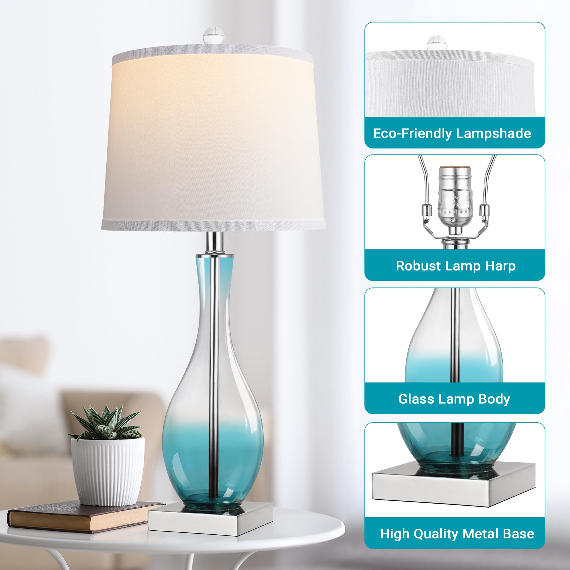 WIHTU Table Lamps Set of 2, 27in Touch Control, 3-Way Dimmable, Glass, Blue, USB Charging Ports, Model WTLP357AL2