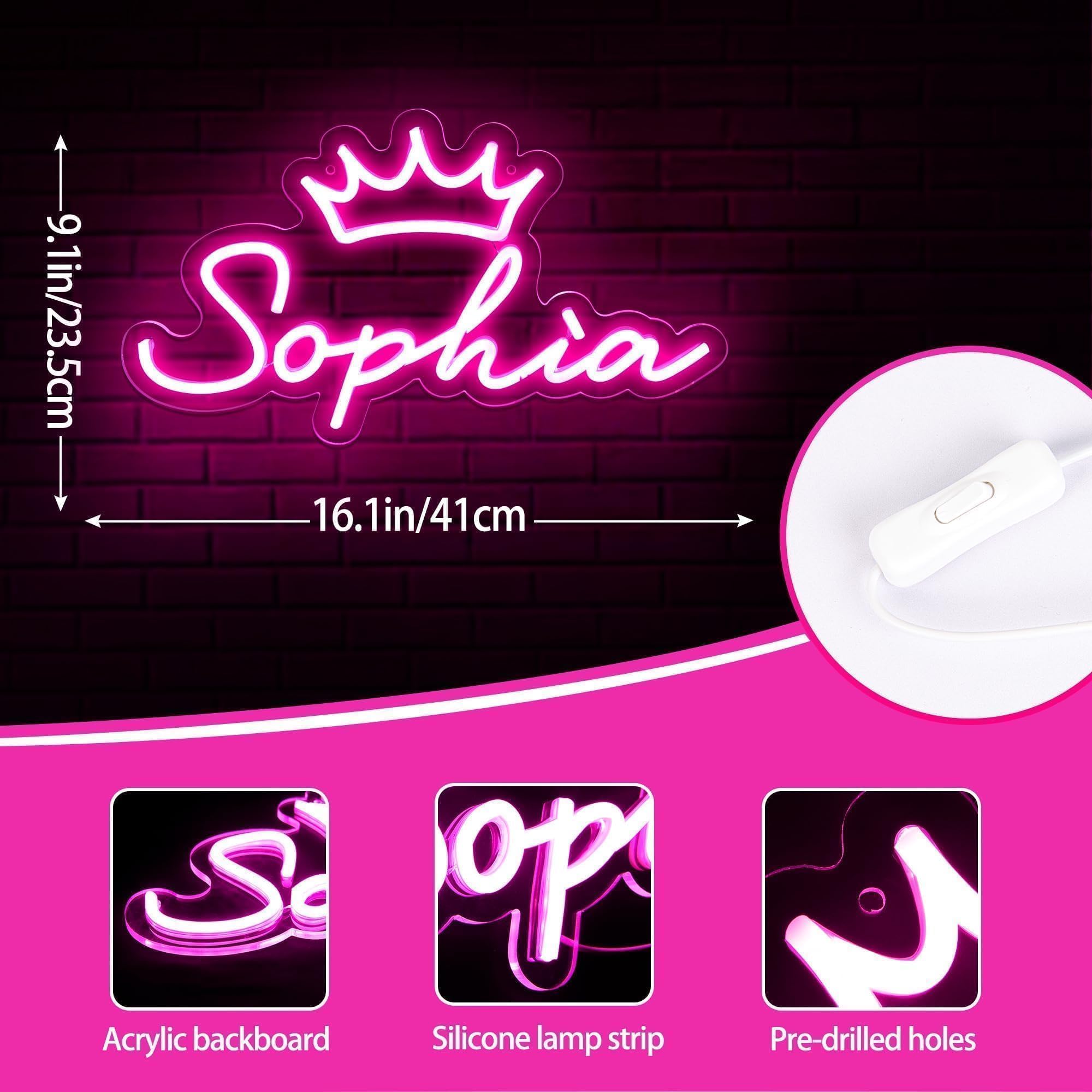attneon Large Sophia Neon Sign, Pink LED Wall Decor, 16.1x9.1 inch Acrylic, Model JTLD500