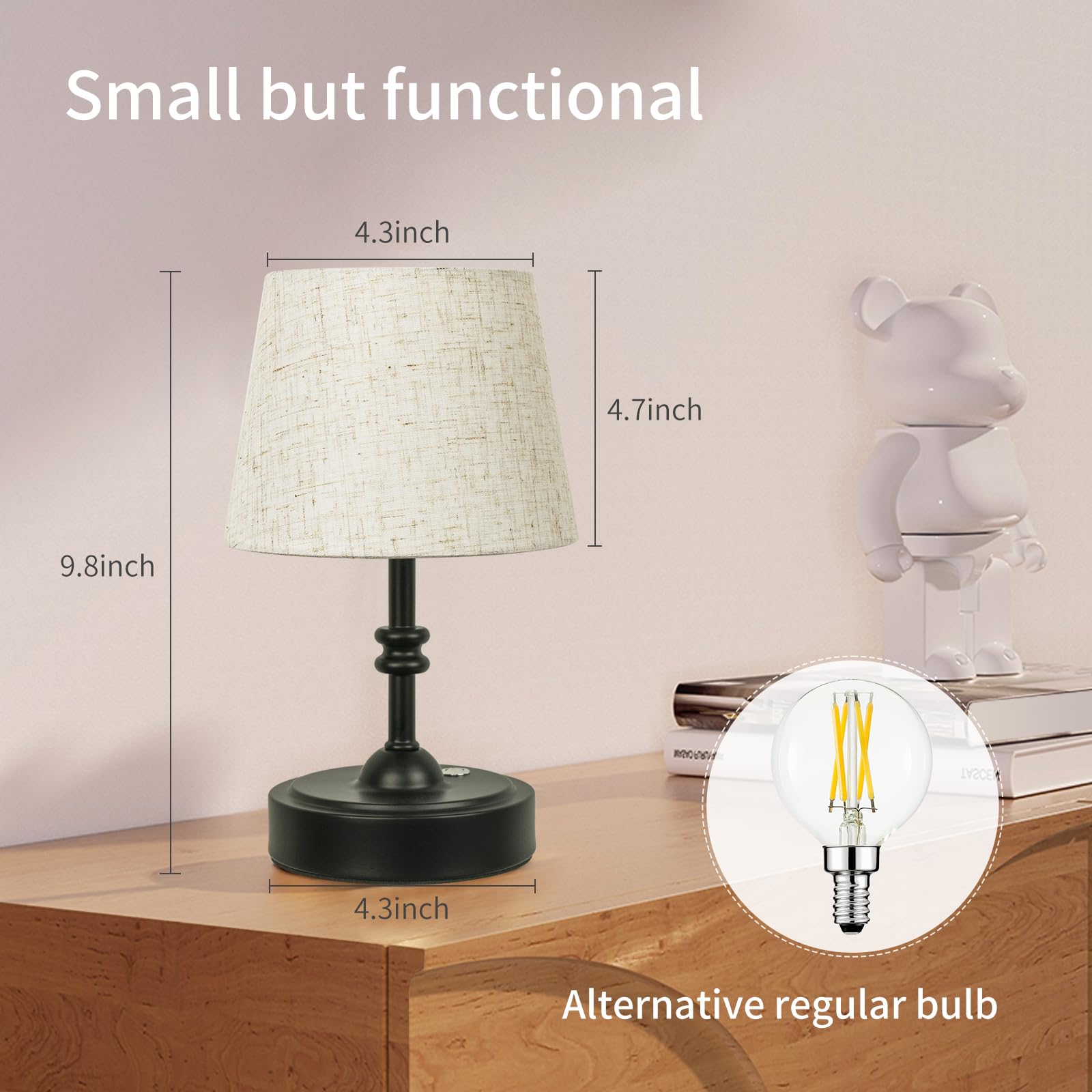 Onewish Small Cordless Lamp, Battery Operated Table Lamp Dimmable, 4000Mah Rechargeable, Touch Bedside Lamp With Beige Linen Sha