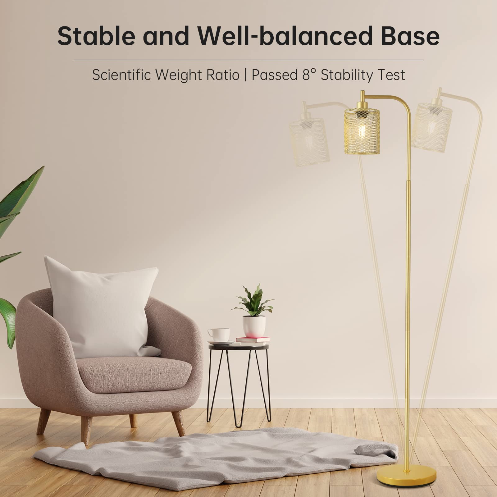 BoostArea Industrial Gold Floor Lamp, 67 Inch LED, Metal with Iron Mesh Lampshade, 6W for Living Room, Bedroom, Office