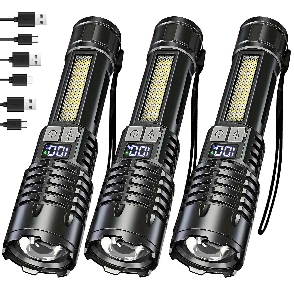 NAKCNM 3Pack Rechargeable Flashlights Super Bright LED Tactical Flashlight with LED Display & COB Light 5 Mode Adjustable High L