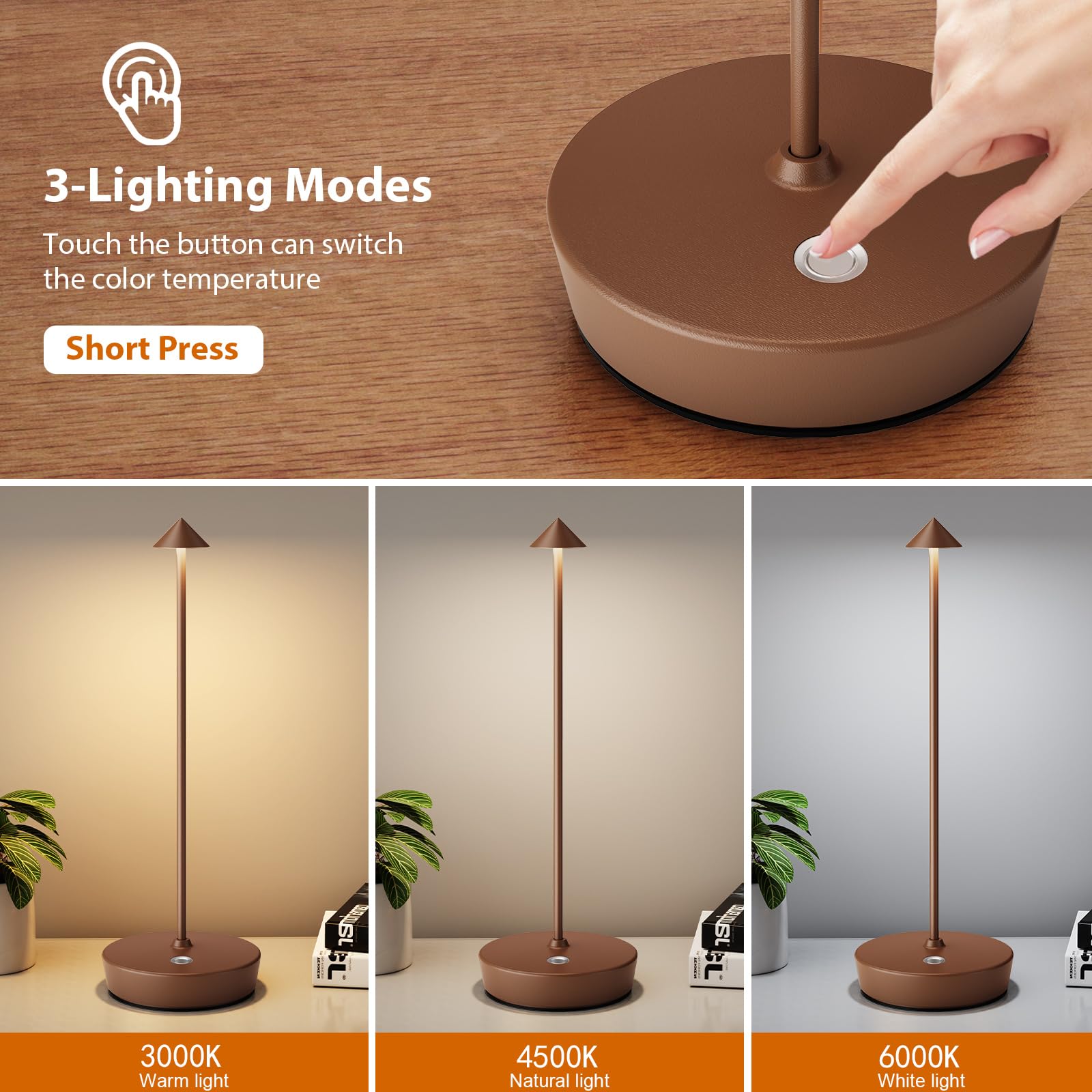 YIBEN Rechargeable Cordless Table Lamp, LED Battery 6000mAh, 3 Levels Brightness, 2Pack Coffee
