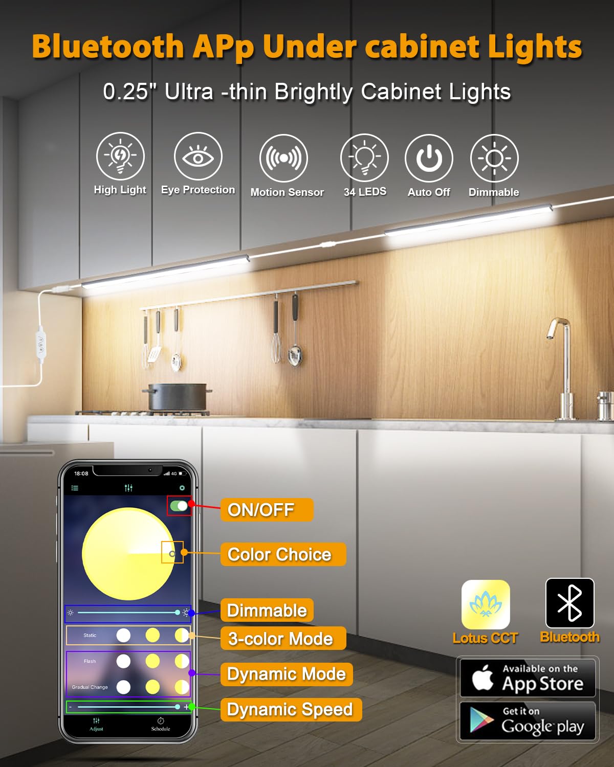 Czyjprl Dimmable 12 Inch Ultra Thin Under Cabinet Lighting, Under Cabinet Lights Plug In, Multi-Color Super Bright Led Lights Ba