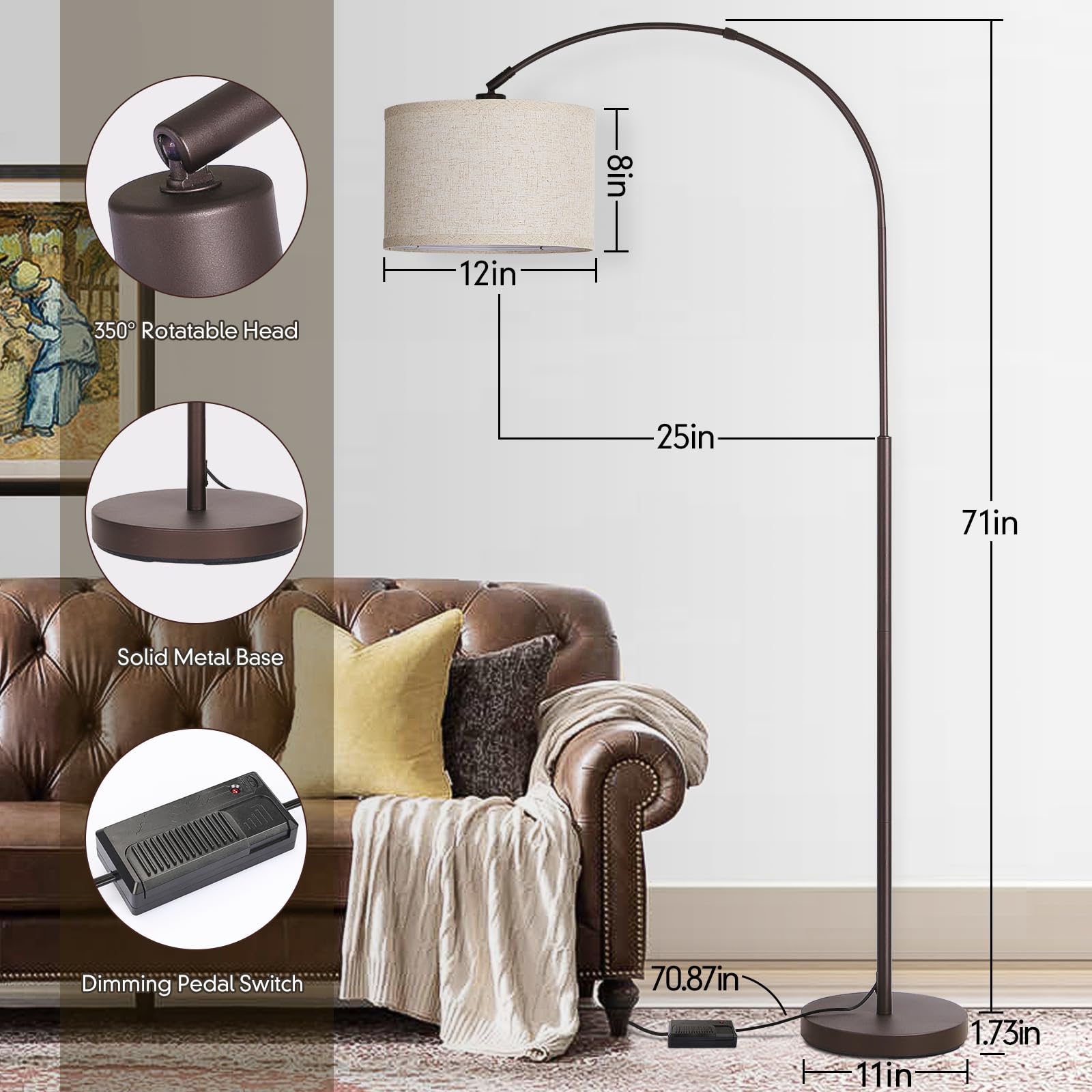 Dimmable Arc Floor Lamp, Floor Lamps For Bedroom, Farmhouse Standing Lamp With Adjustable Hanging Shade, Brown Tall Pole Lamp, M